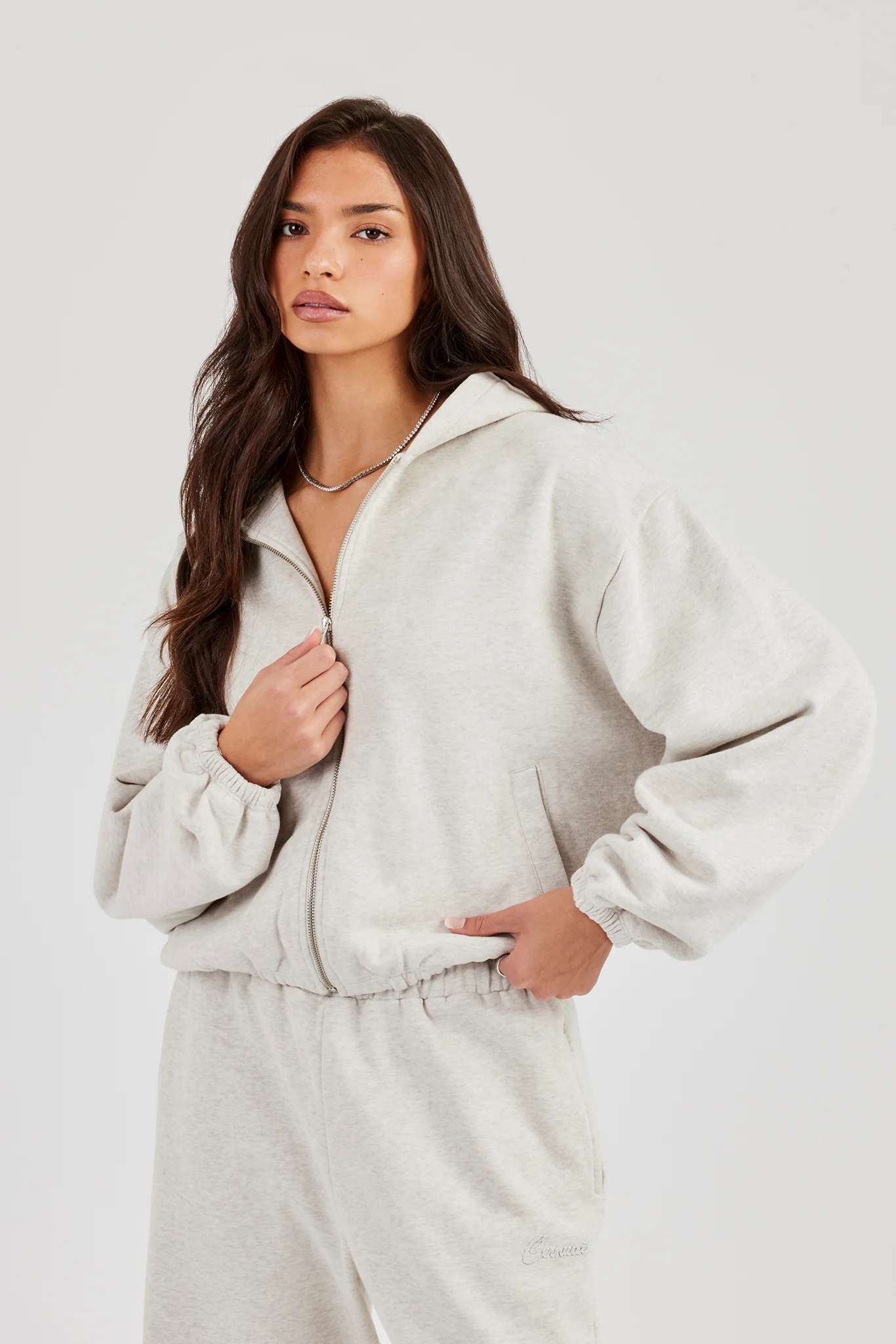 Towelling Applique Zip Hoodie - Grey Marl - Image 4