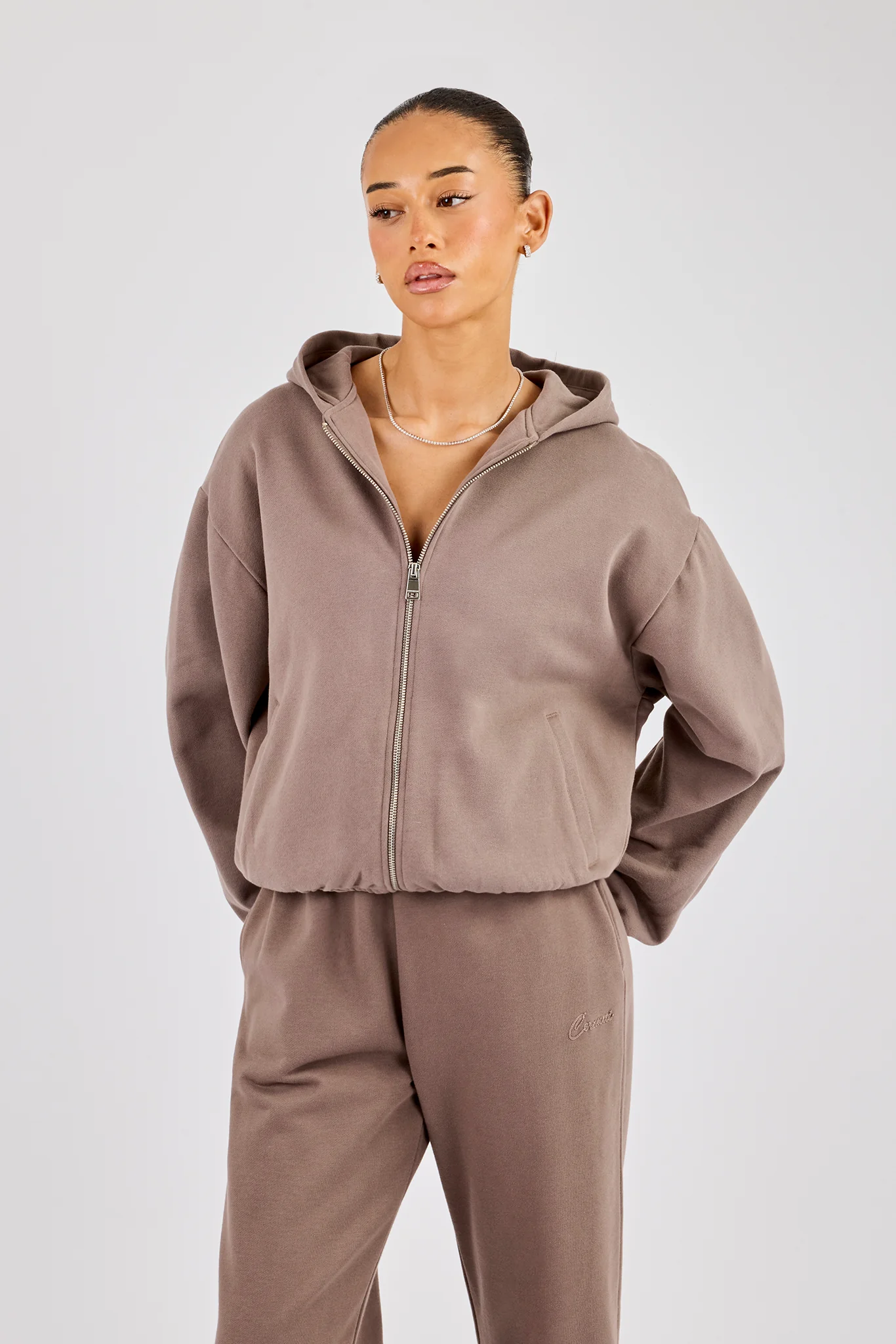 Towelling Applique Zip Hoodie - Taupe - Image 3