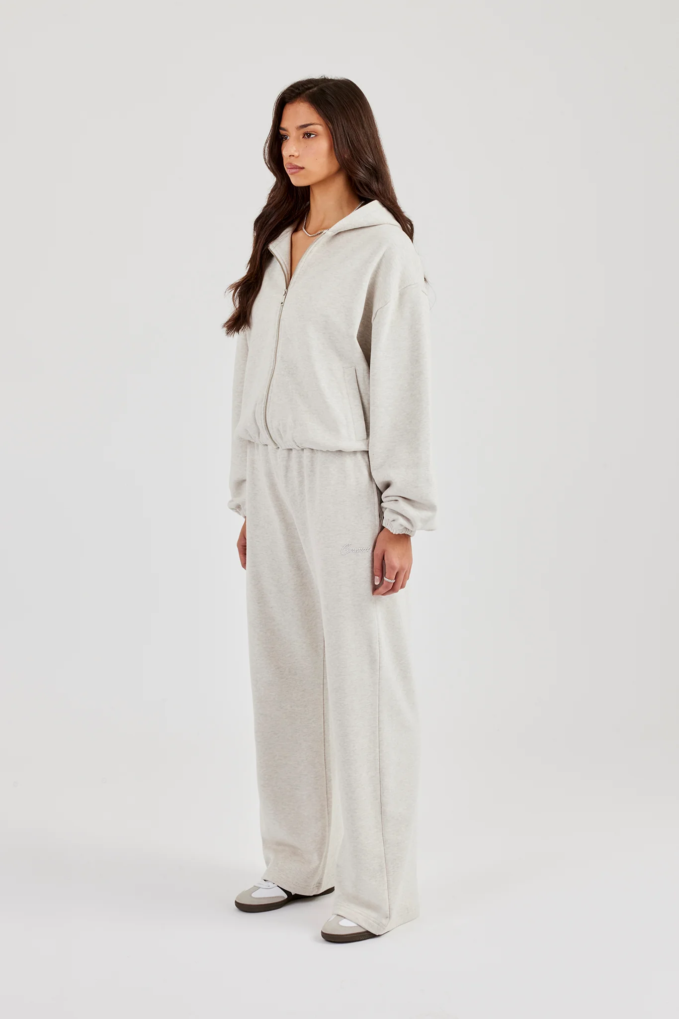 Towelling Applique Zip Hoodie & Wide Leg Jogger - Grey Marl - Image 3