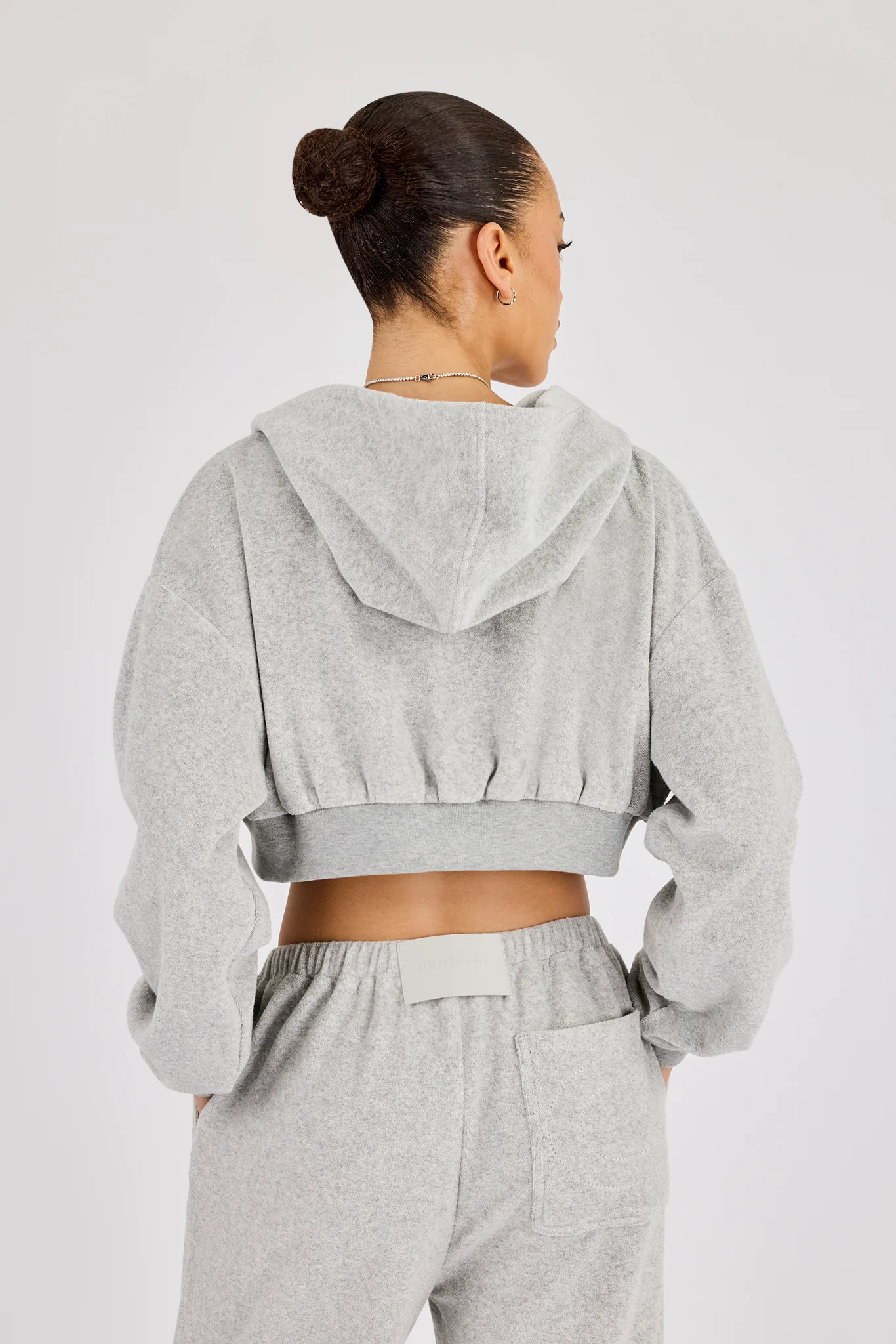 Towelling Cropped Zip Hoodie - Grey - Image 3