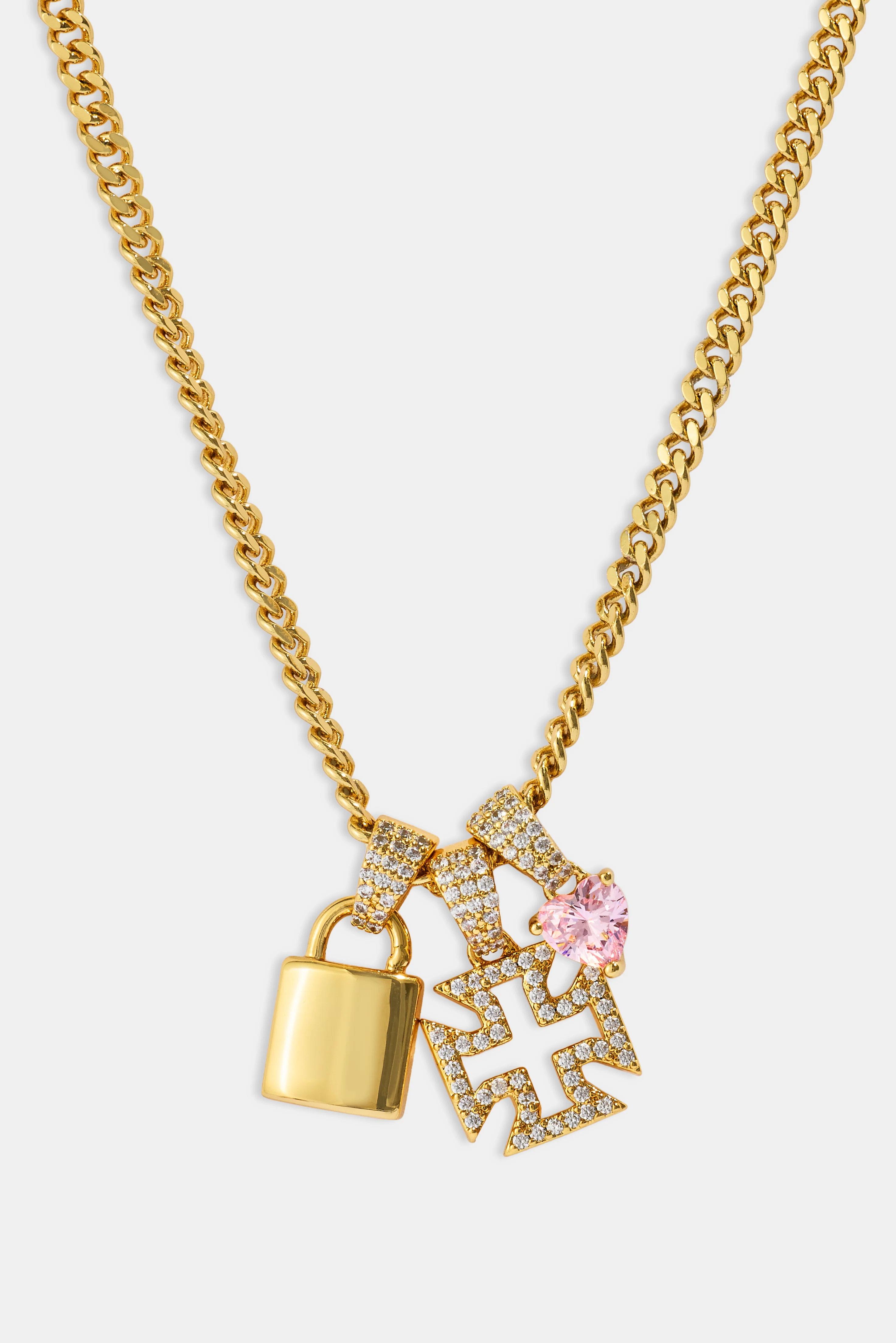Triple Heart & Lock Pendant Necklace - 10mm - Gold
