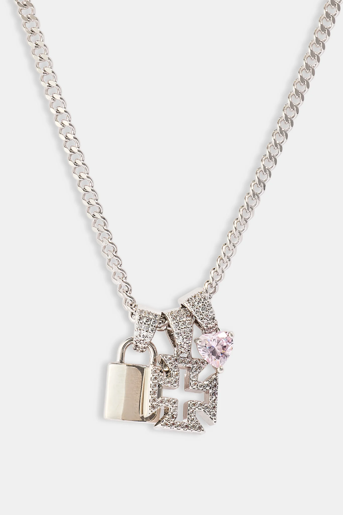 Triple Heart & Lock Pendant Necklace - 10mm - White - Image 2