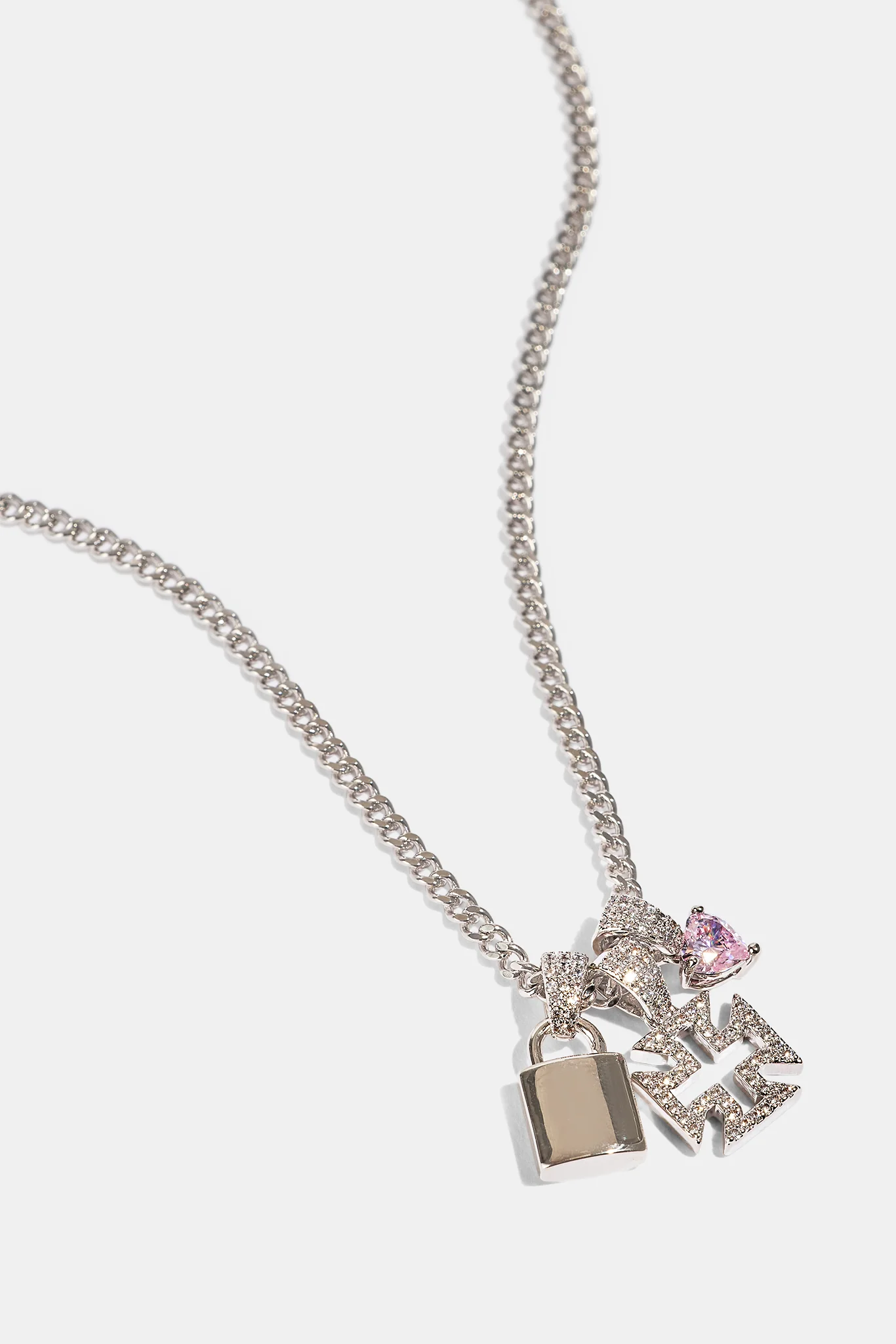 Triple Heart & Lock Pendant Necklace - 10mm - White - Image 3