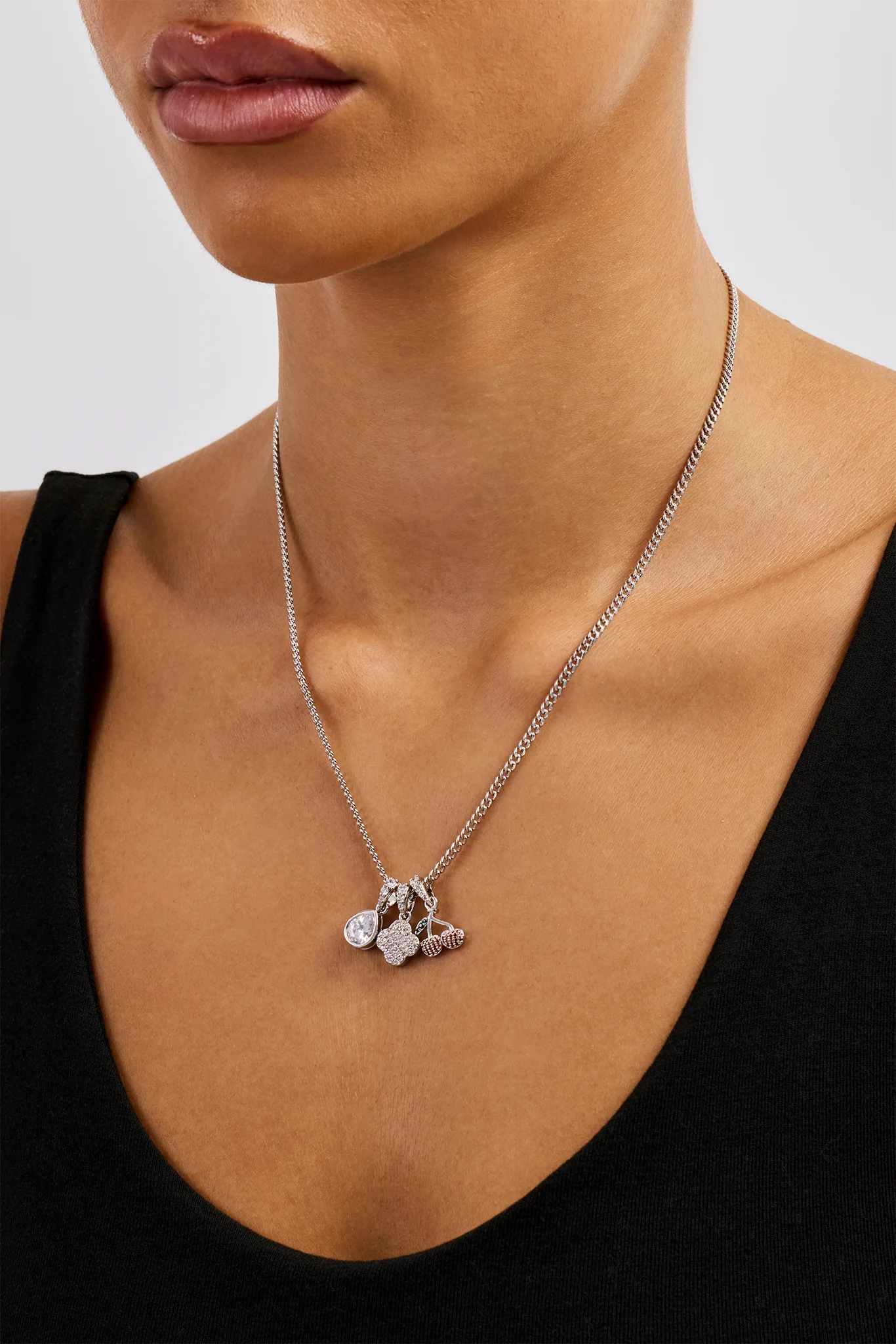 Triple Motif & Cherry Pendant Necklace - 10mm - White - Image 2