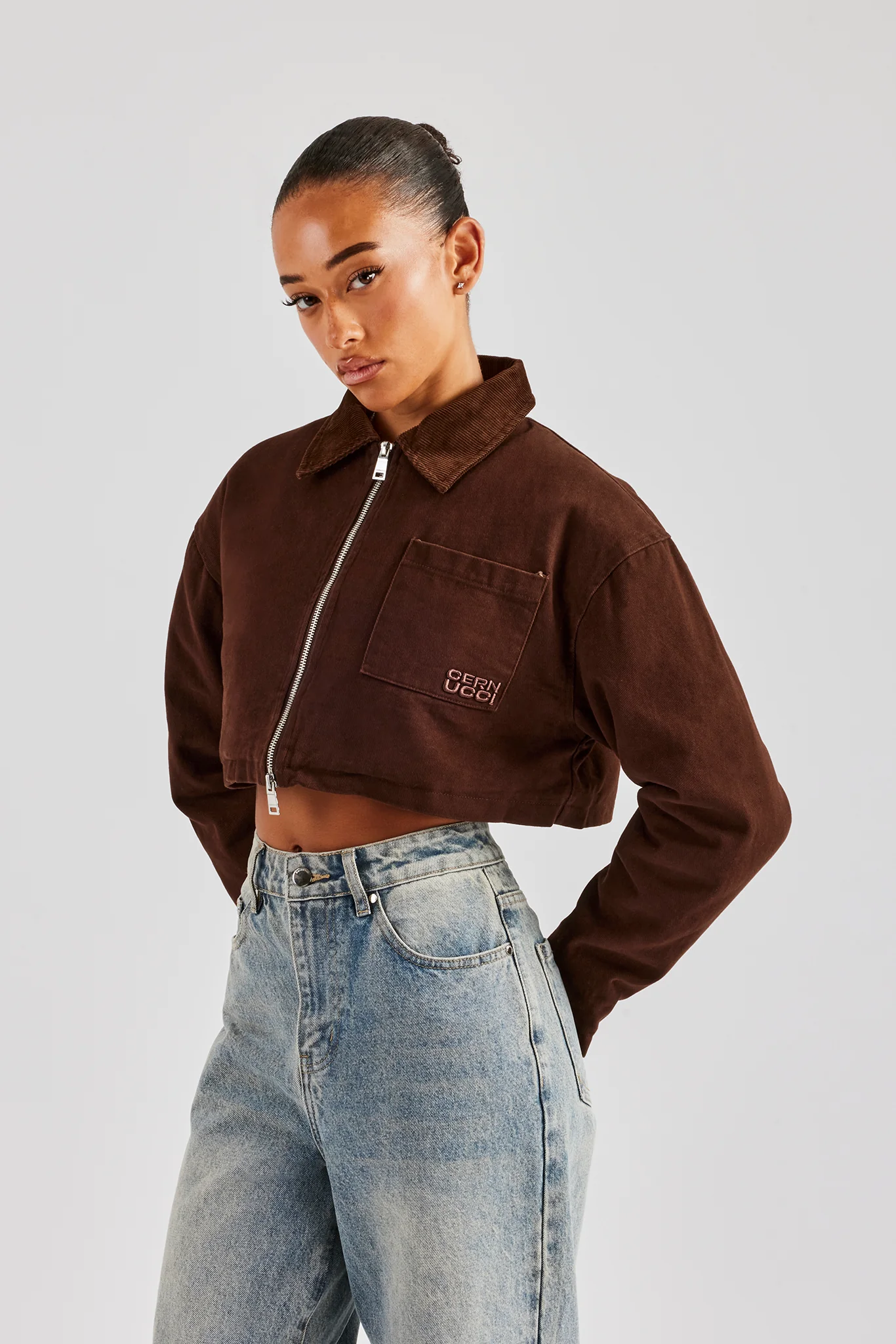 Twill Cord Collar Harrington Jacket - Chocolate - Image 4