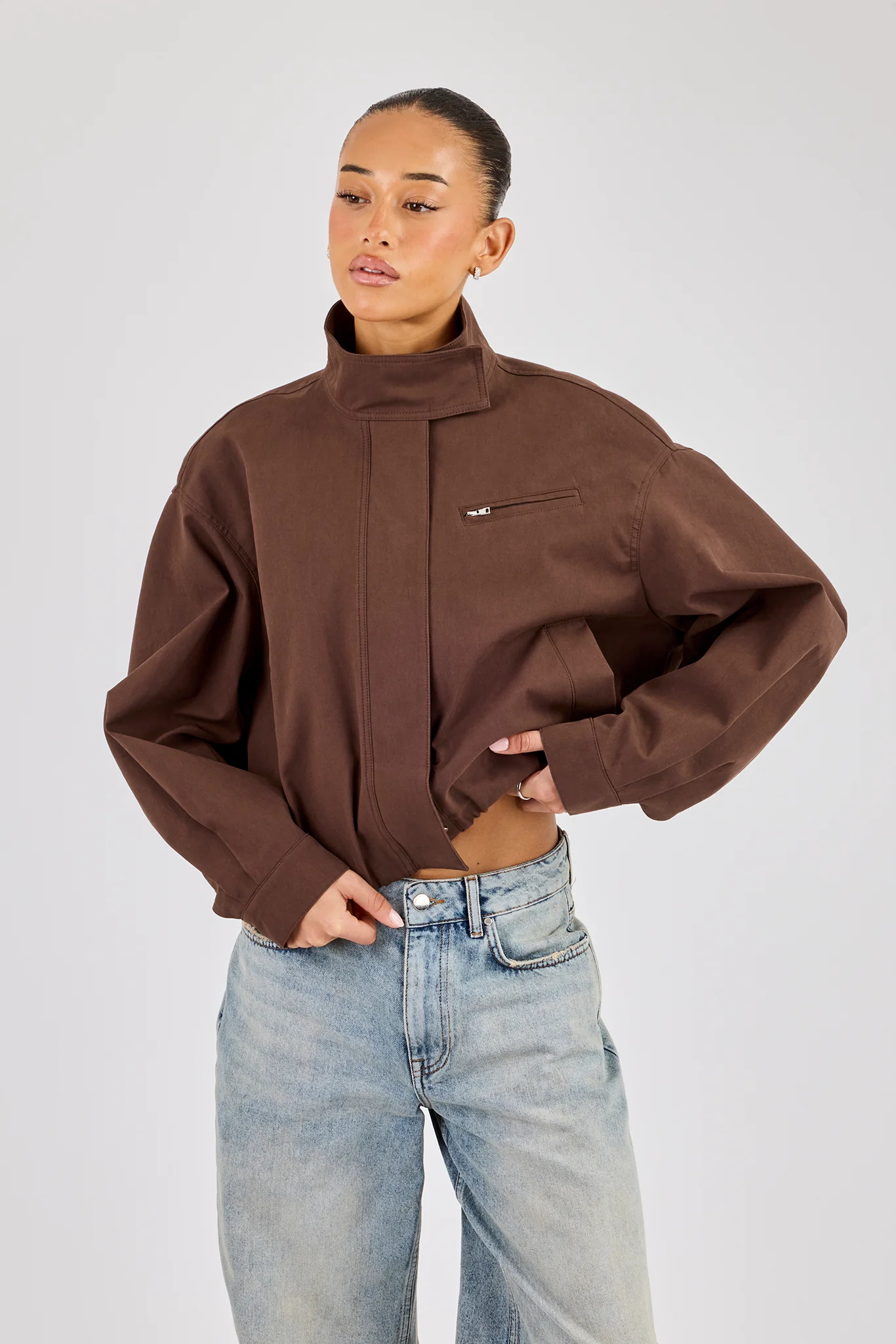 Twill Funnel Neck Jacket - Brown - Image 2