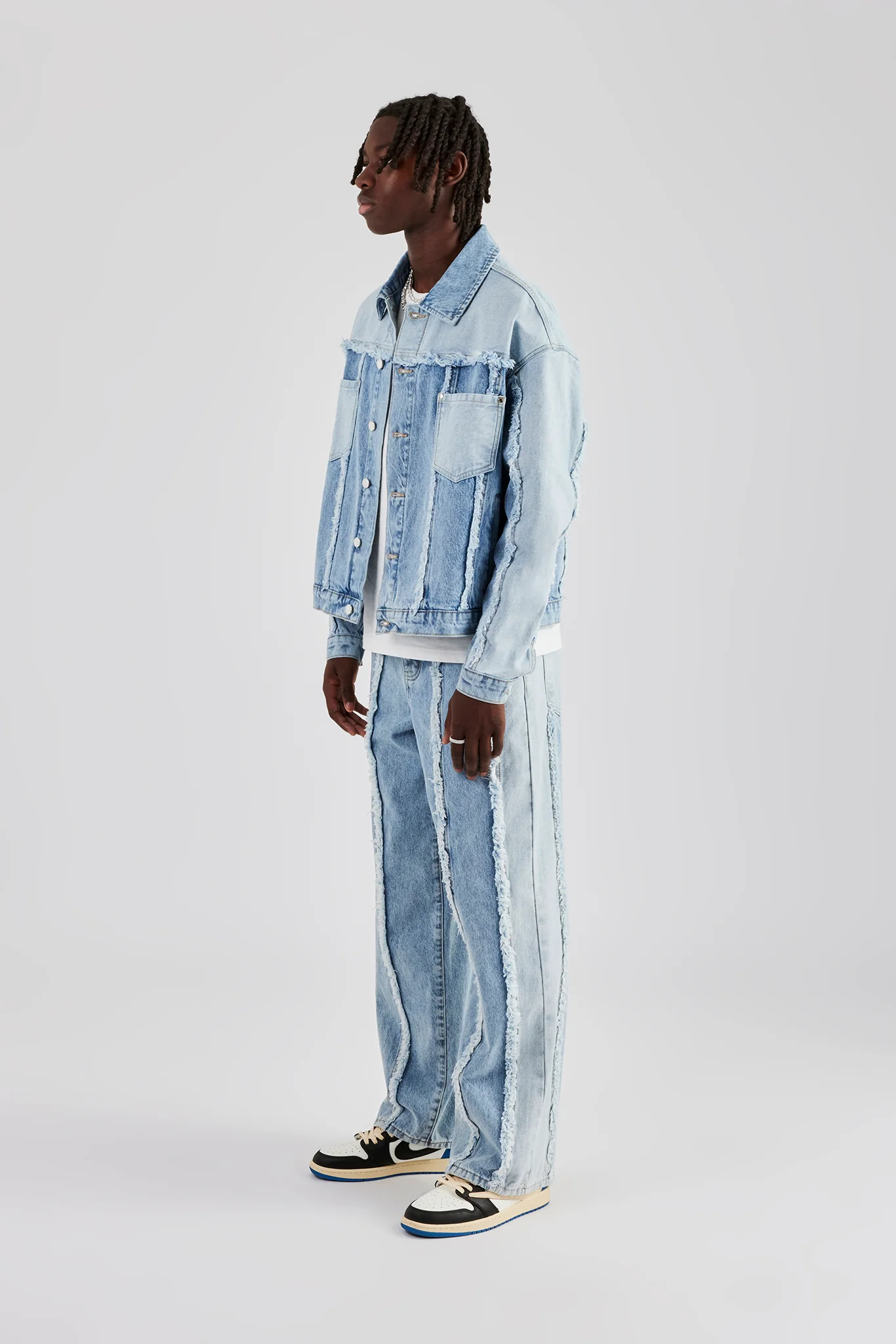 Two Tone Distressed Denim Jacket & Jean - Light Blue - Image 3