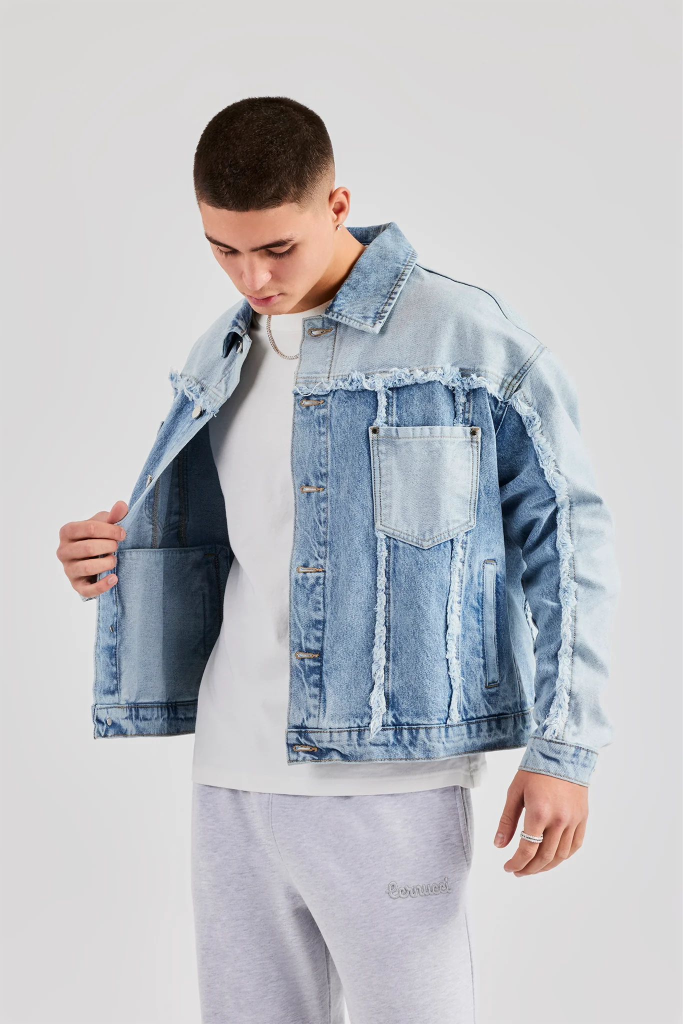 Two Tone Distressed Denim Jacket- Light Blue - Image 2