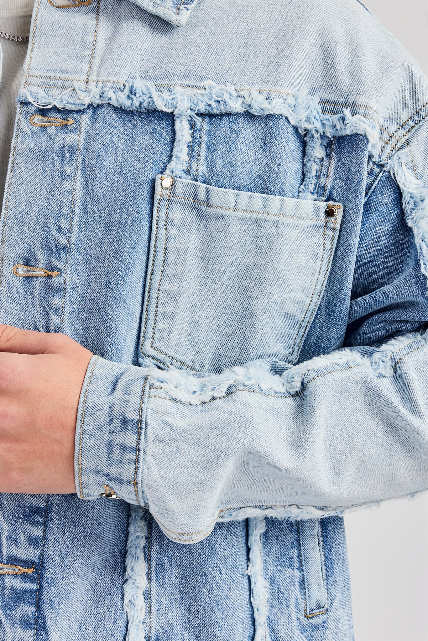 Two Tone Distressed Denim Jacket- Light Blue - Image 3