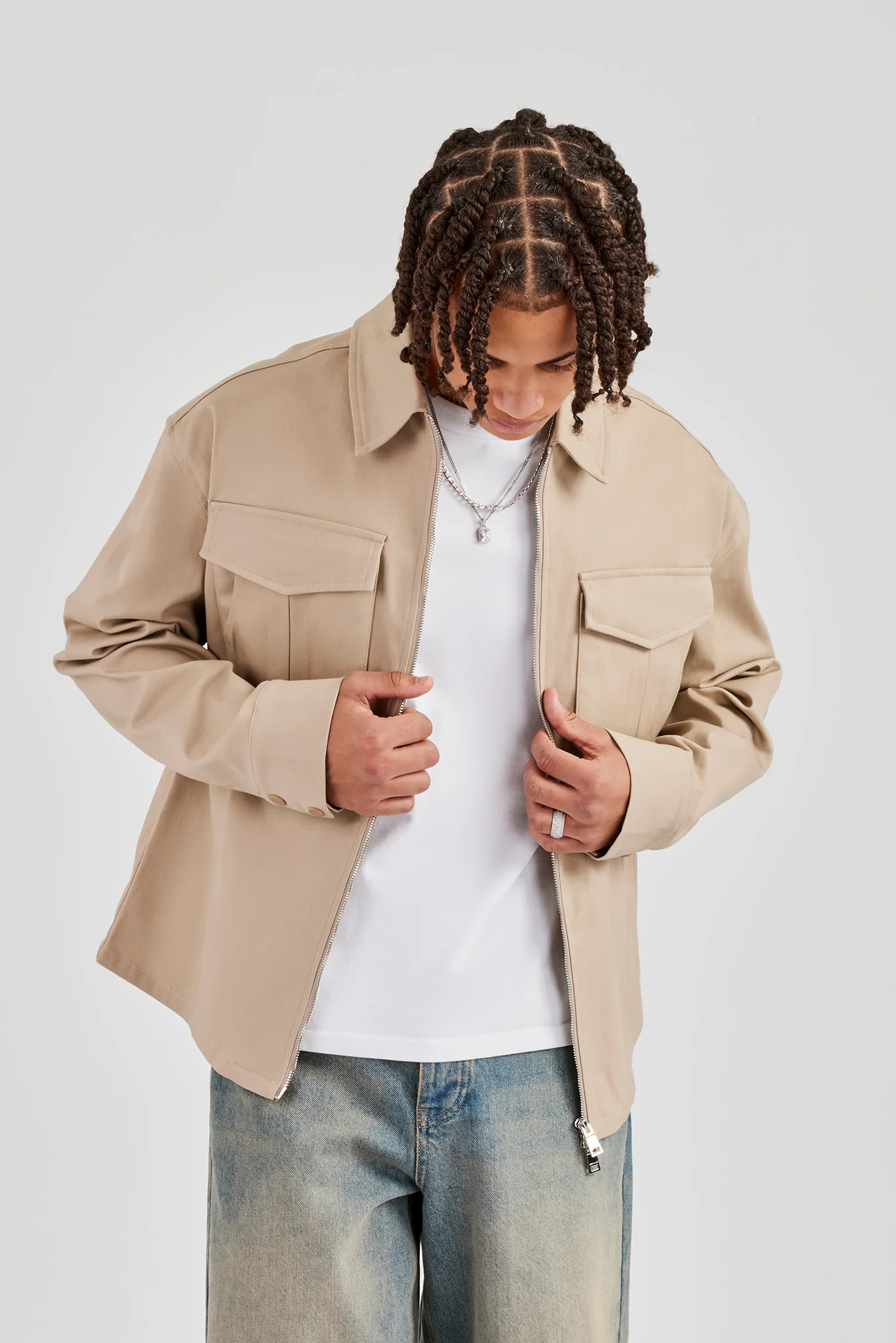 Utility Zip Through Overshirt - Beige - Image 5