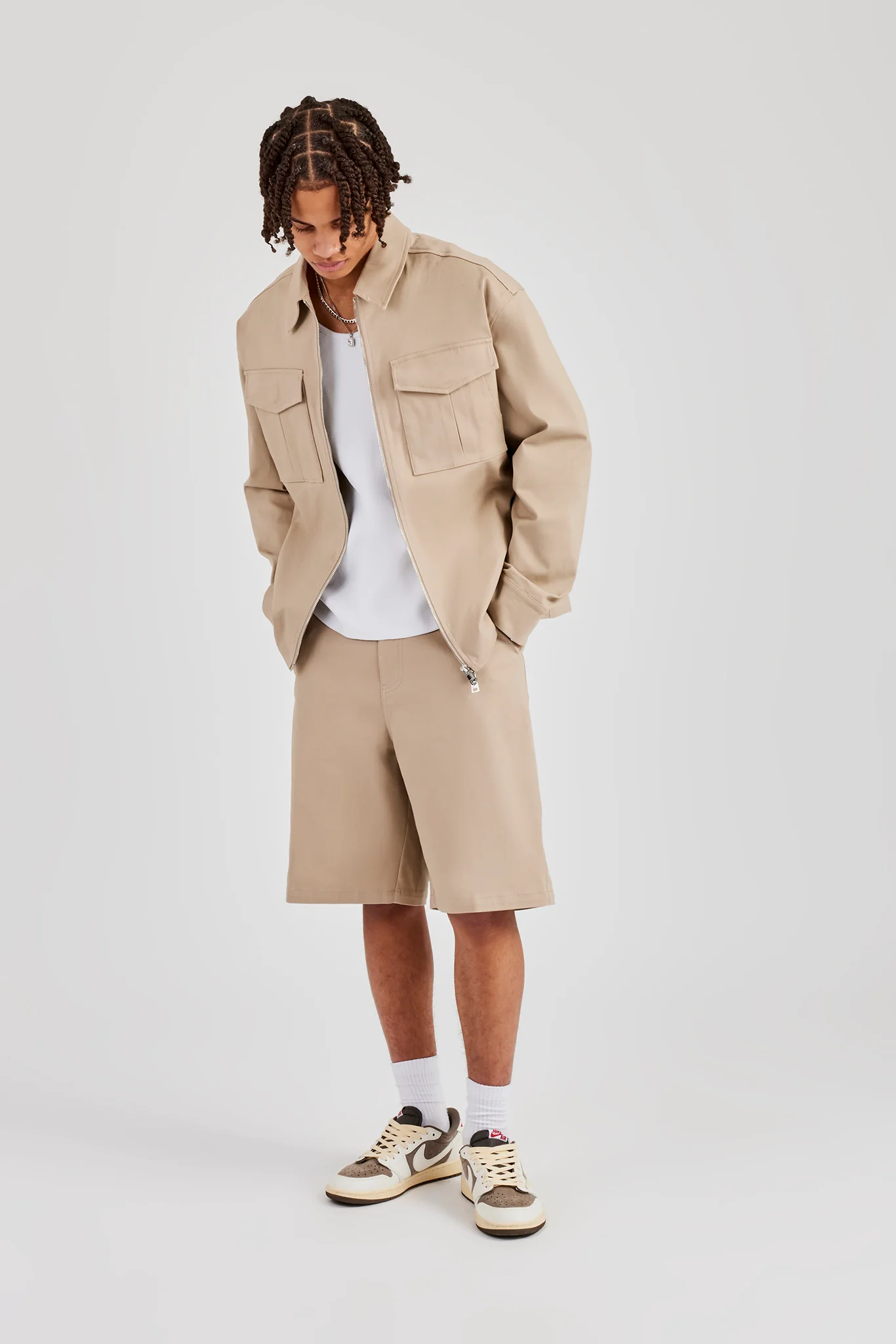 Utility Zip Through Overshirt & Tailored Jort - Beige - Image 4