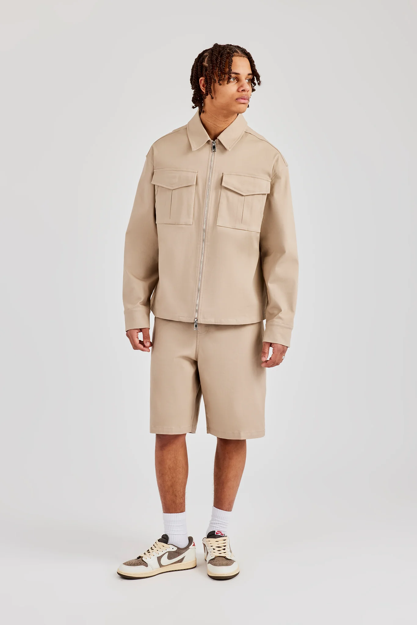 Utility Zip Through Overshirt & Tailored Jort - Beige - Image 5