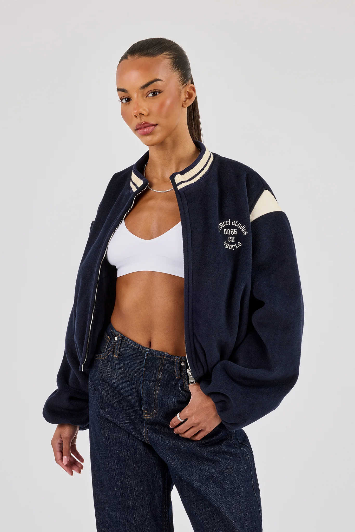 Varsity Bomber Jacket With Panels - Navy - Image 2