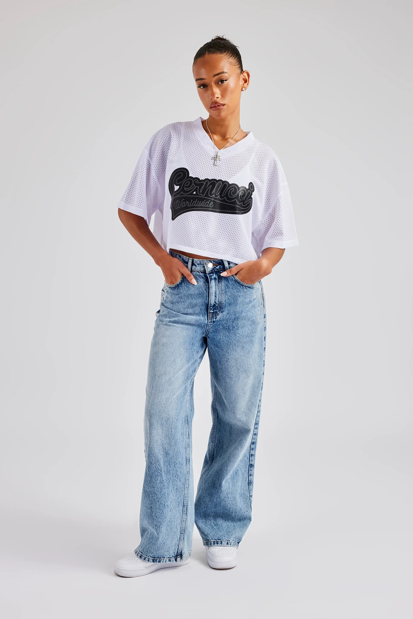 Varsity Mesh Cropped T-Shirt - White - Image 4