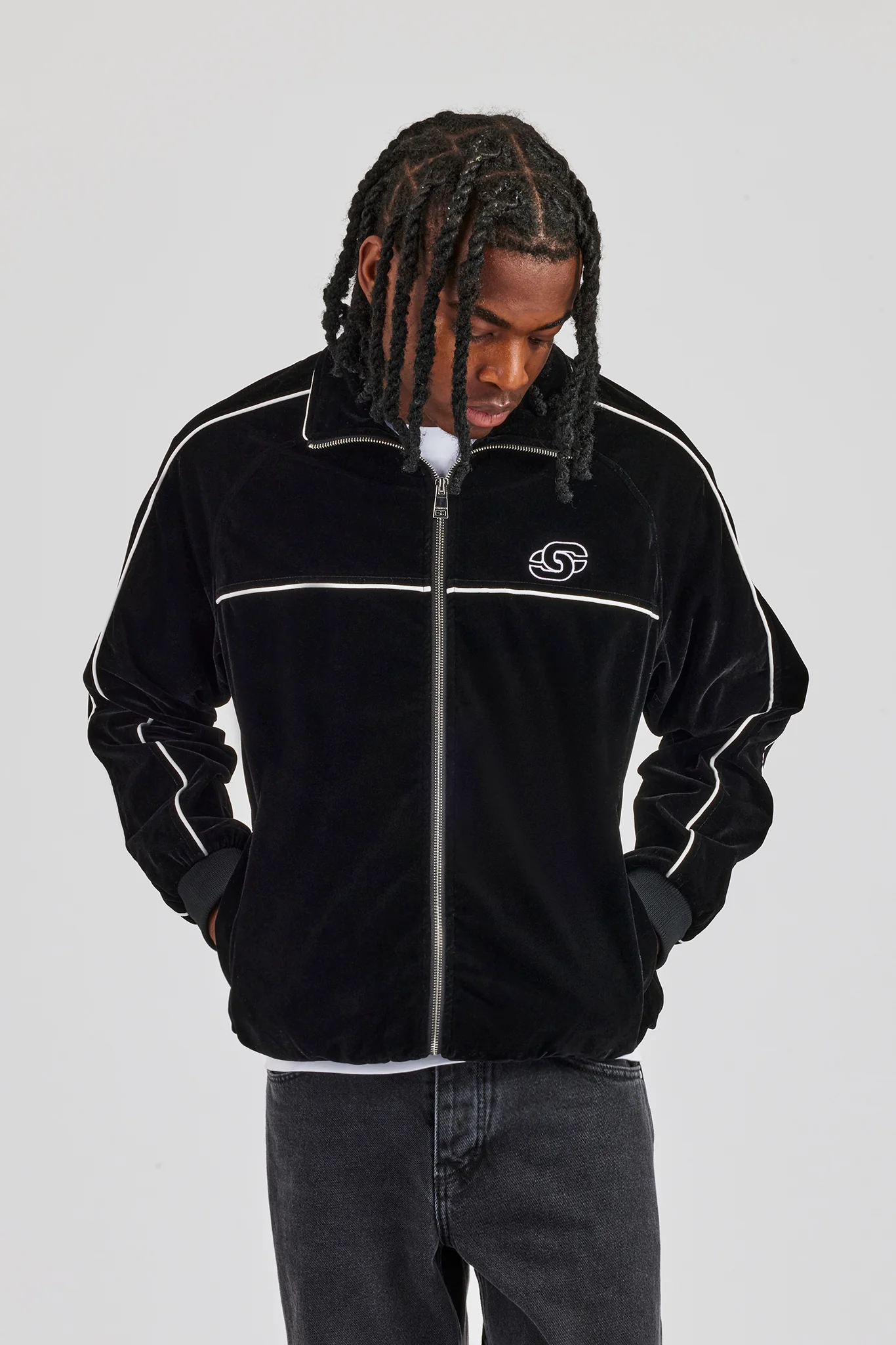Velour Funnel Neck Piping Track Jacket - Black - Image 2