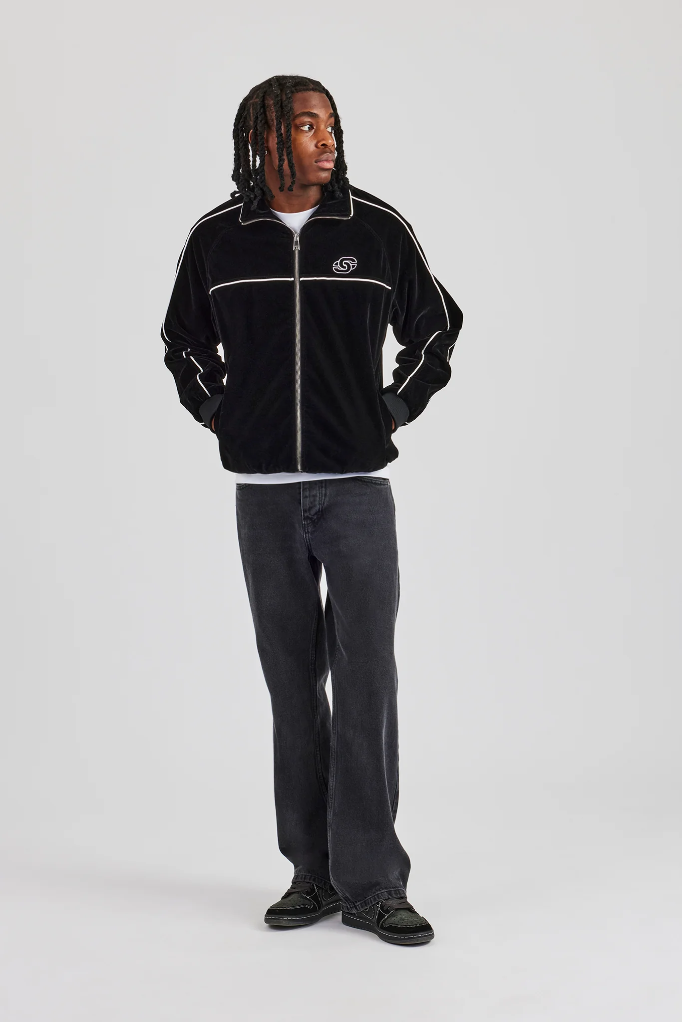 Velour Funnel Neck Piping Track Jacket - Black - Image 4