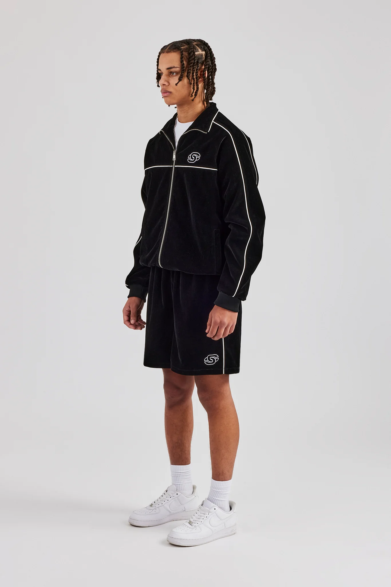 Velour Funnel Neck Piping Track Jacket & Short - Black - Image 2