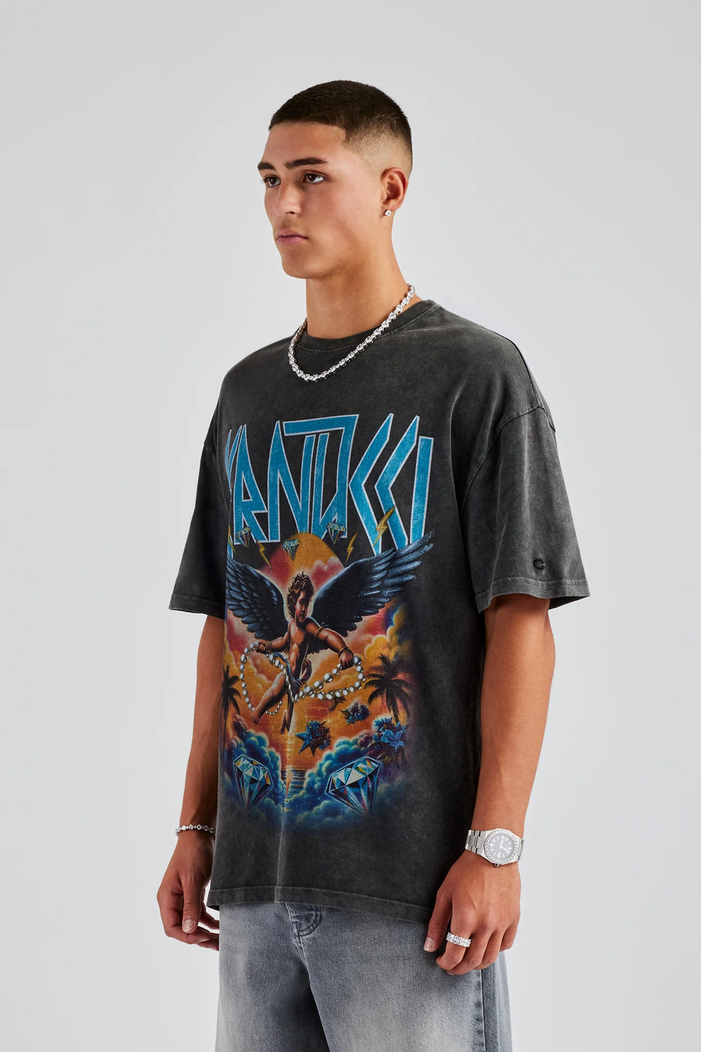 Vintage Wash Cherub Logo Oversized T-Shirt - Charcoal - Image 4