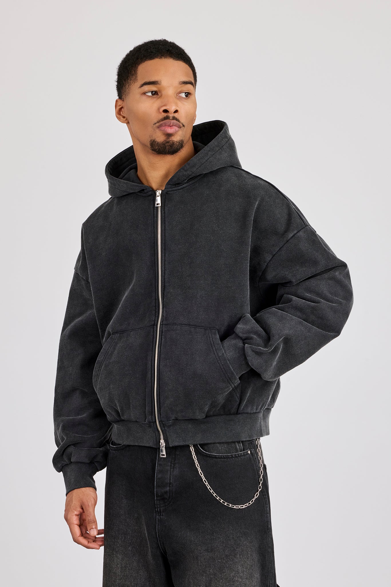 Washed Applique Boxy Zip Through Hoodie - Acid Wash - Image 2