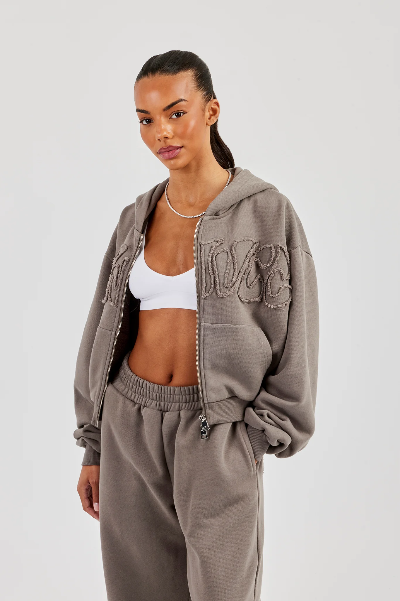 Washed Applique Logo Boxy Zip Through Hoodie - Grey - Image 2