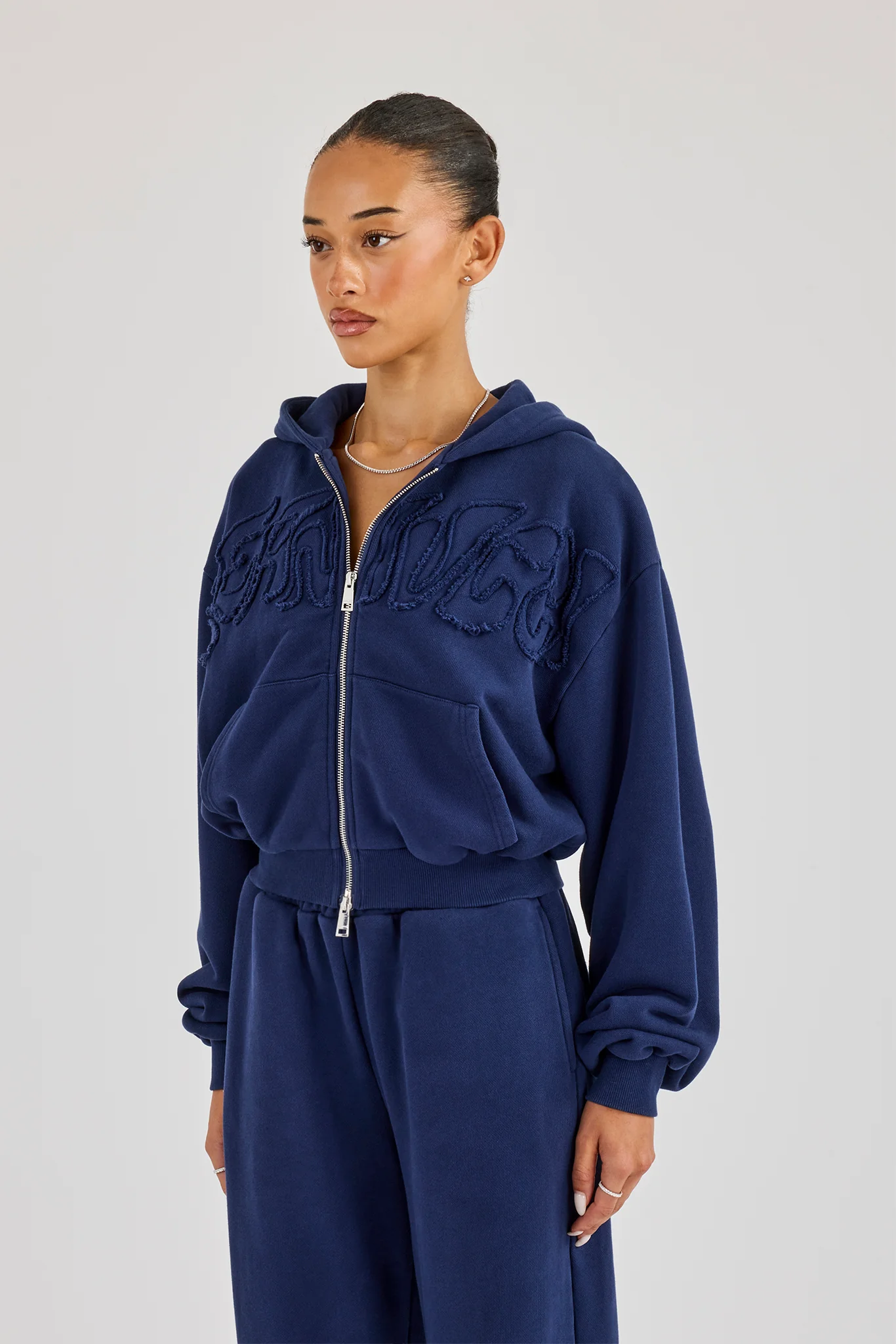 Washed Applique Logo Boxy Zip Through Hoodie - Navy - Image 2