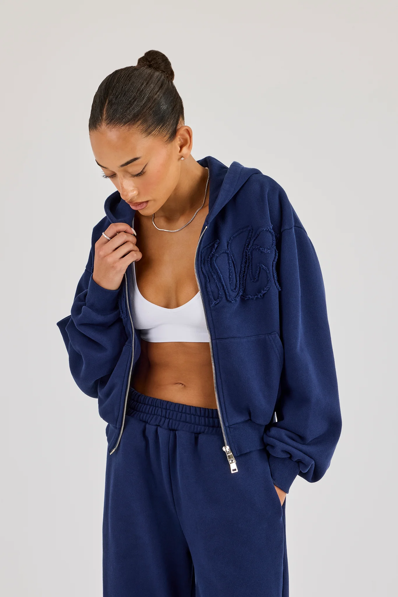 Washed Applique Logo Boxy Zip Through Hoodie - Navy - Image 4
