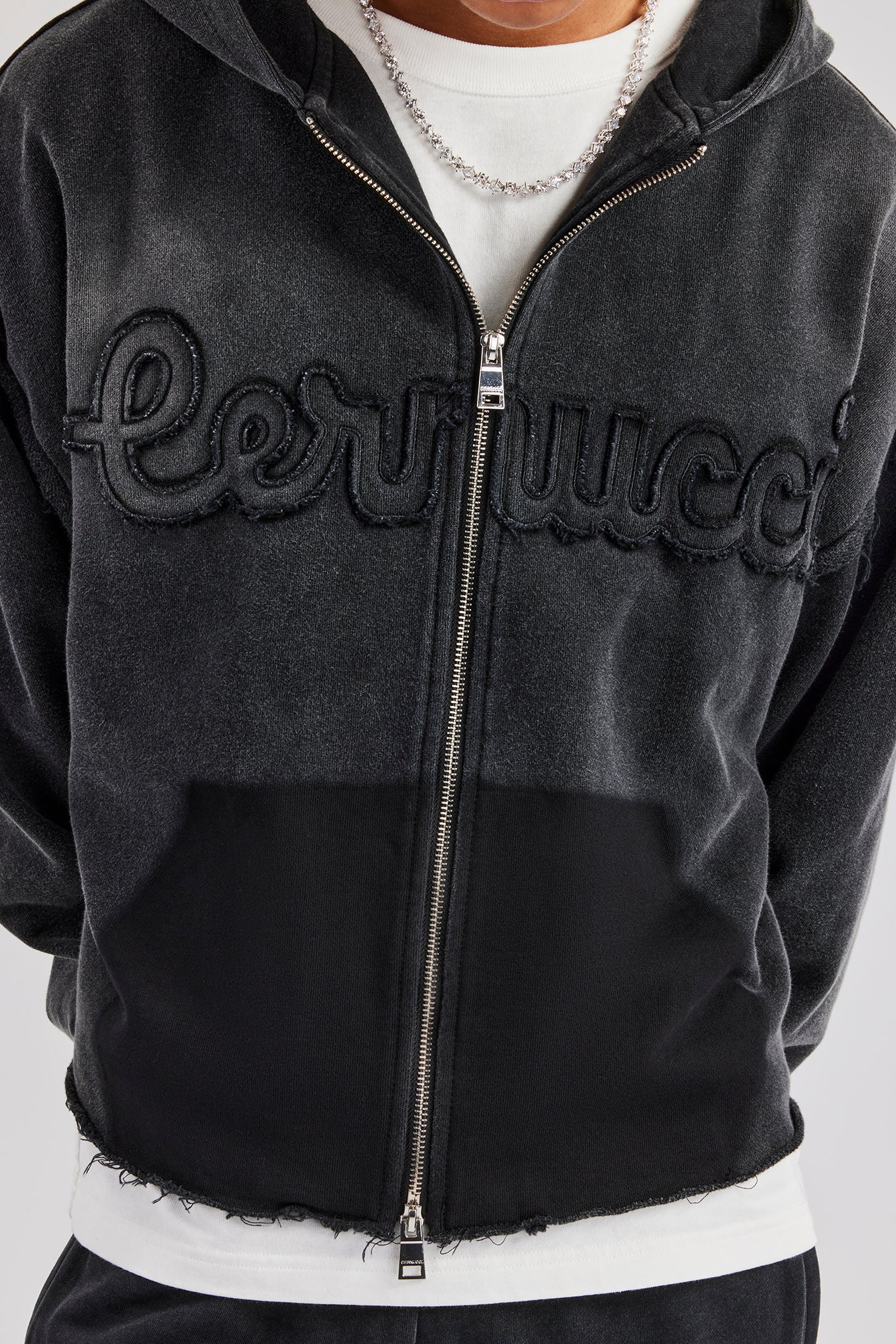 Washed Applique Zip Through Hoodie - Acid Wash - Image 2