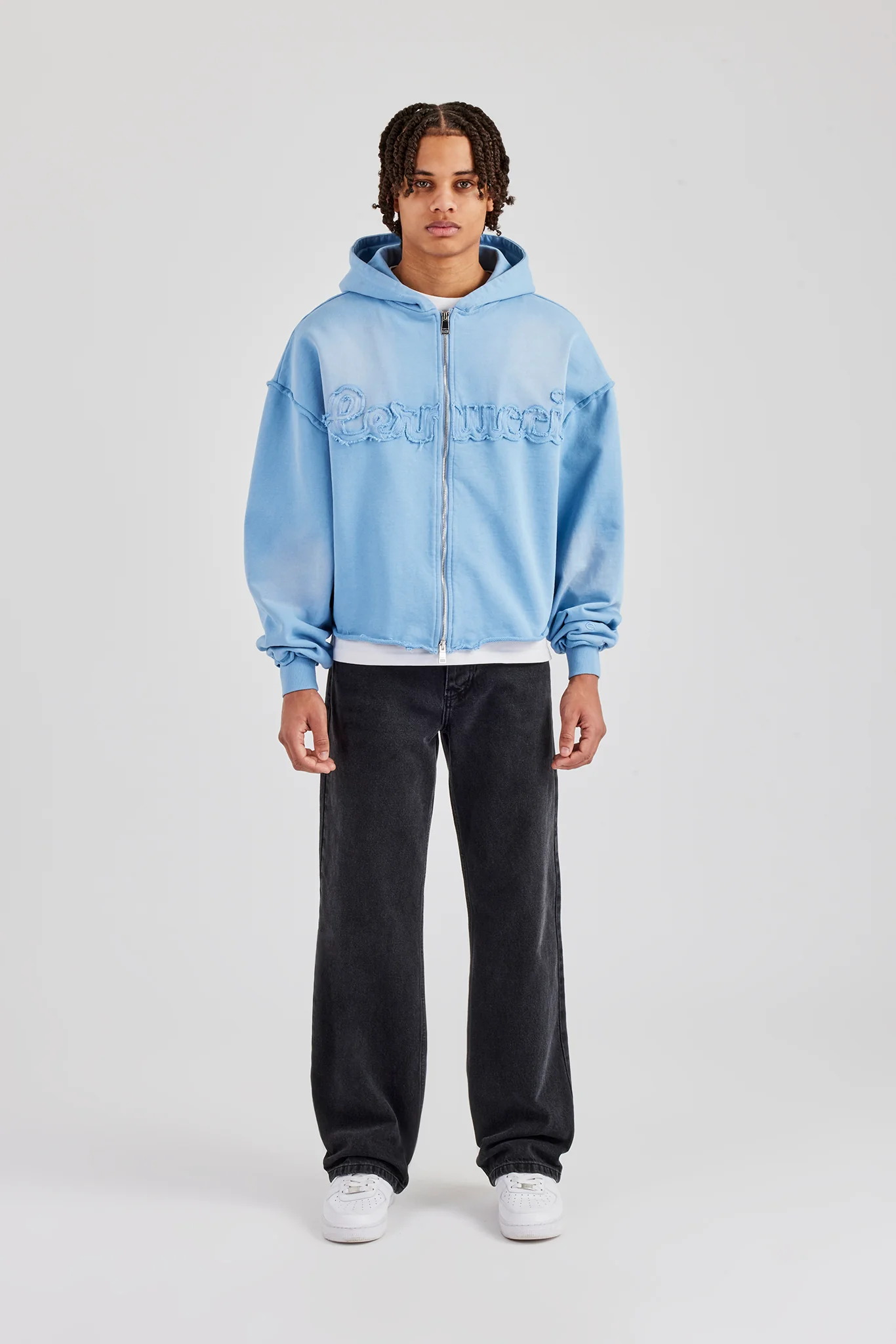 Washed Applique Zip Through Hoodie - Blue - Image 4