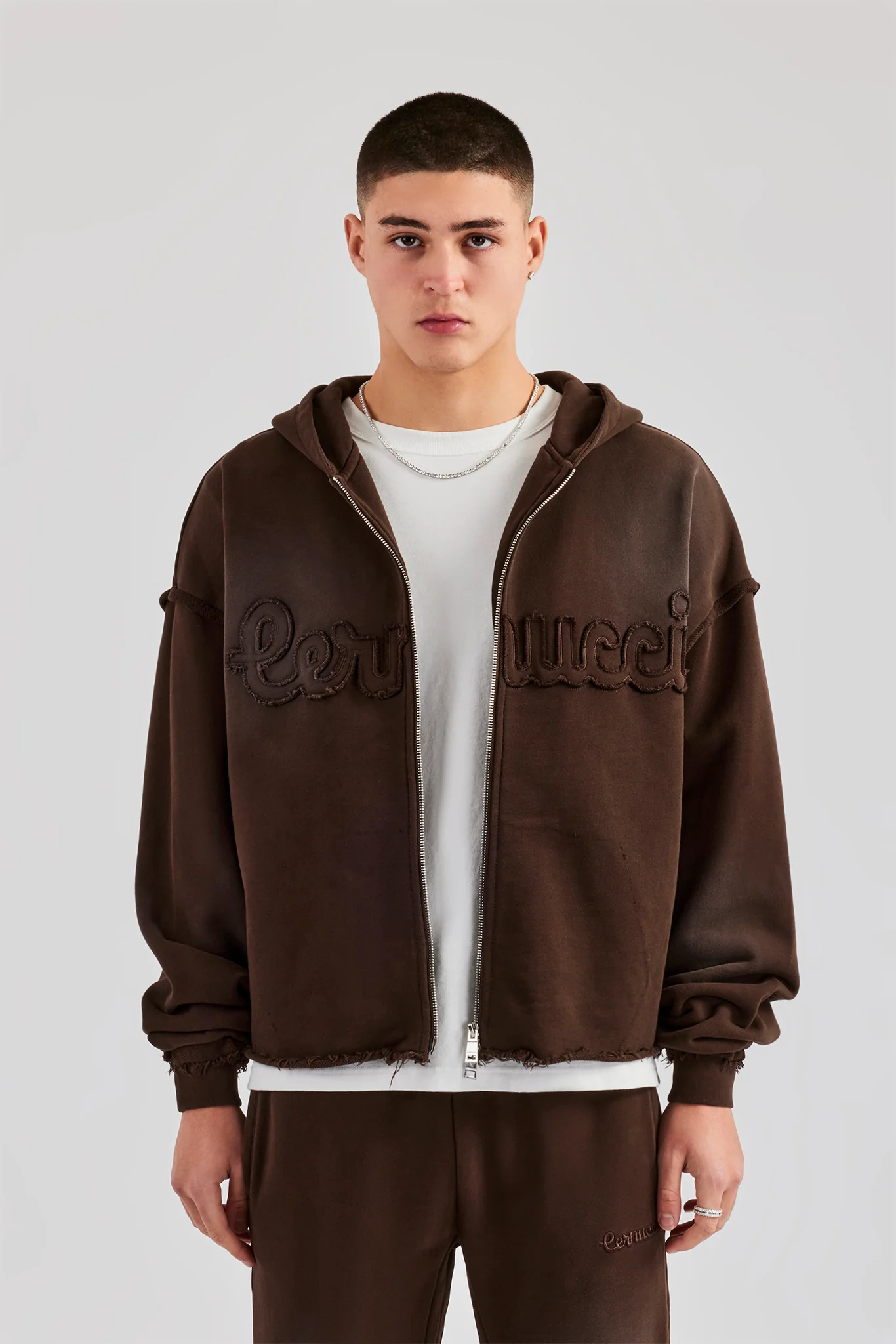 Washed Applique Zip Through Hoodie - Chocolate - Image 11
