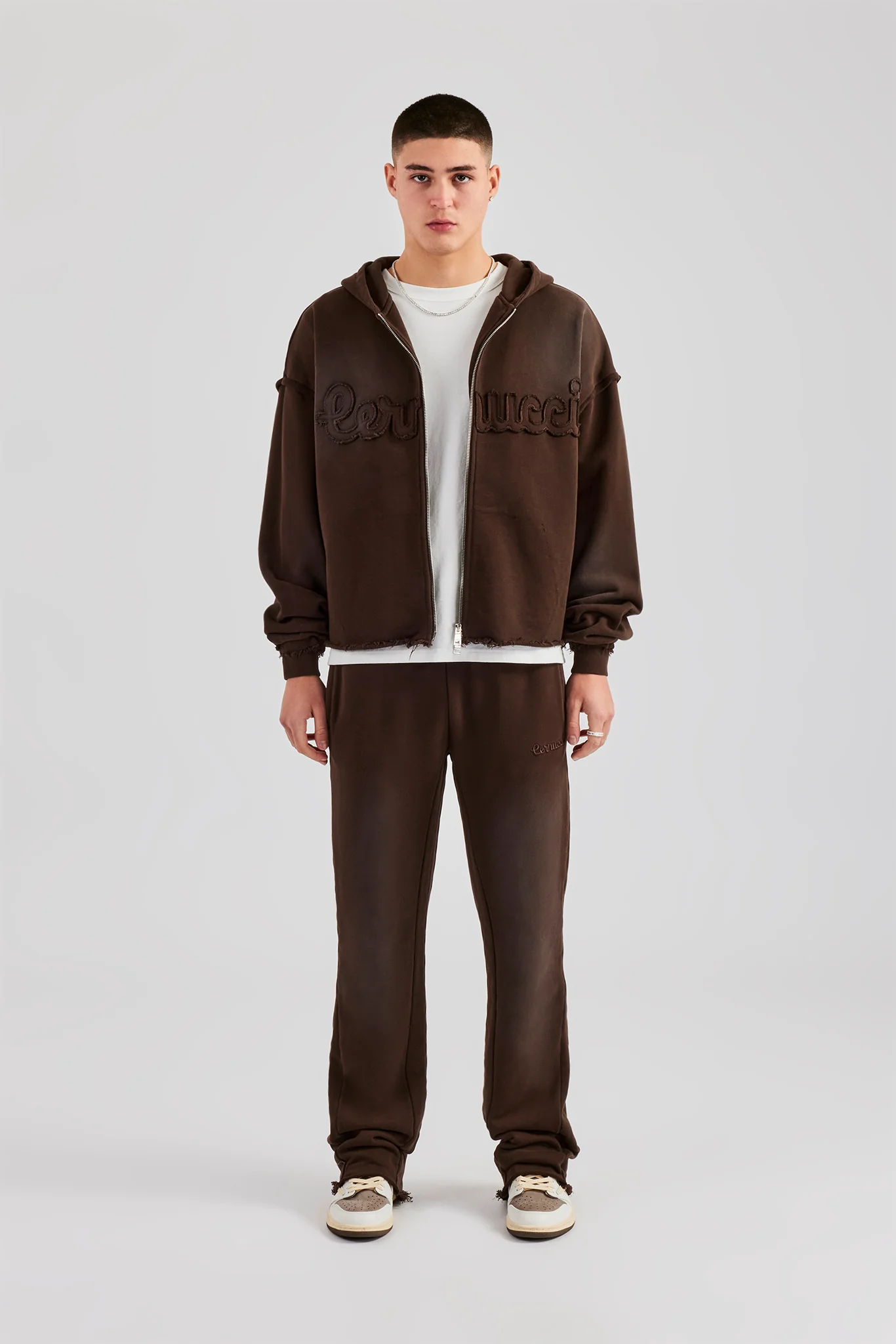 Washed Applique Zip Through Hoodie - Chocolate - Image 12