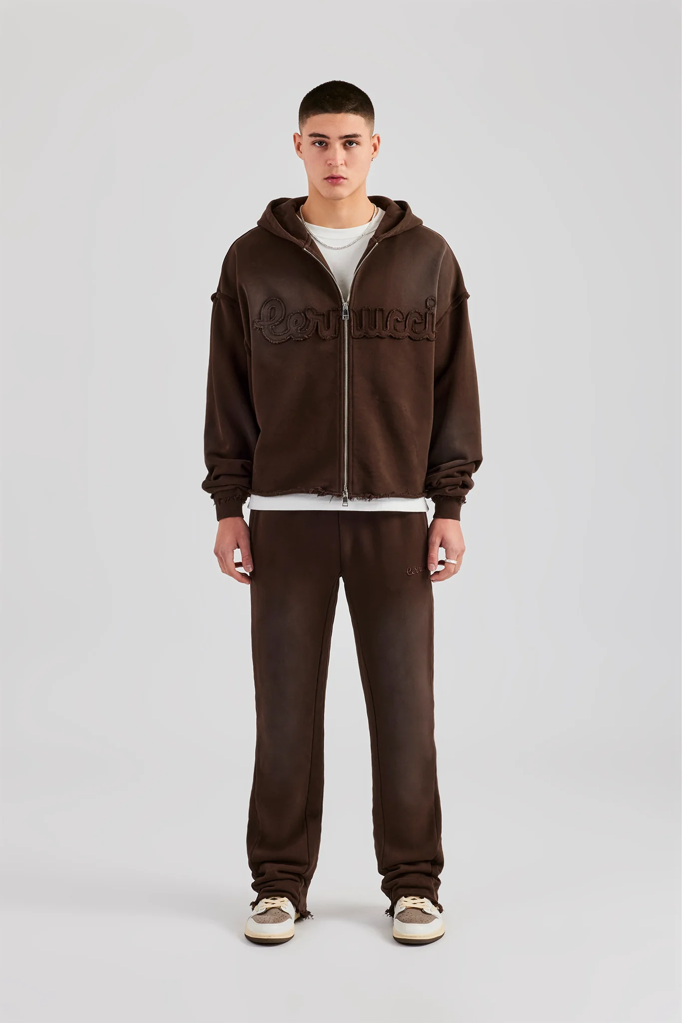 Washed Applique Zip Through Hoodie - Chocolate - Image 13