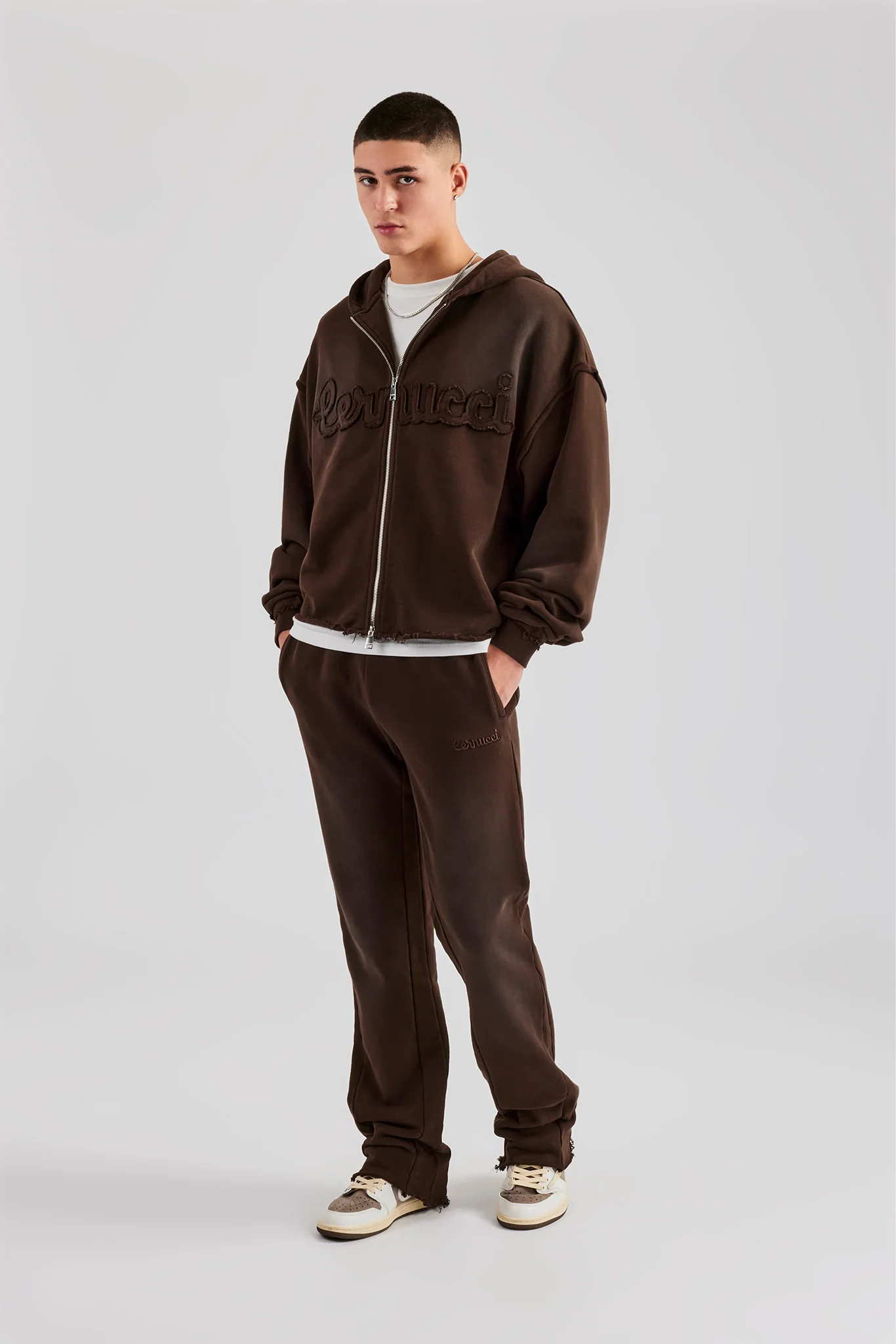 Washed Applique Zip Through Hoodie - Chocolate - Image 15