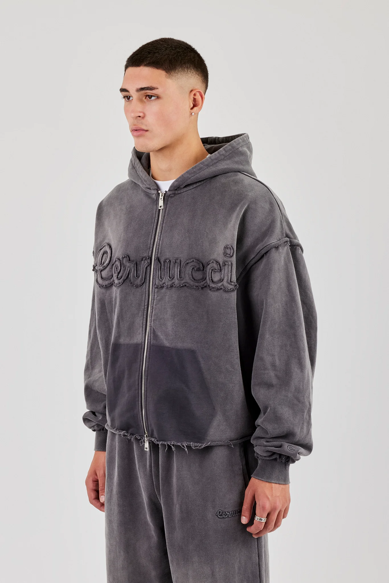 Washed Applique Zip Through Hoodie - Grey - Image 3