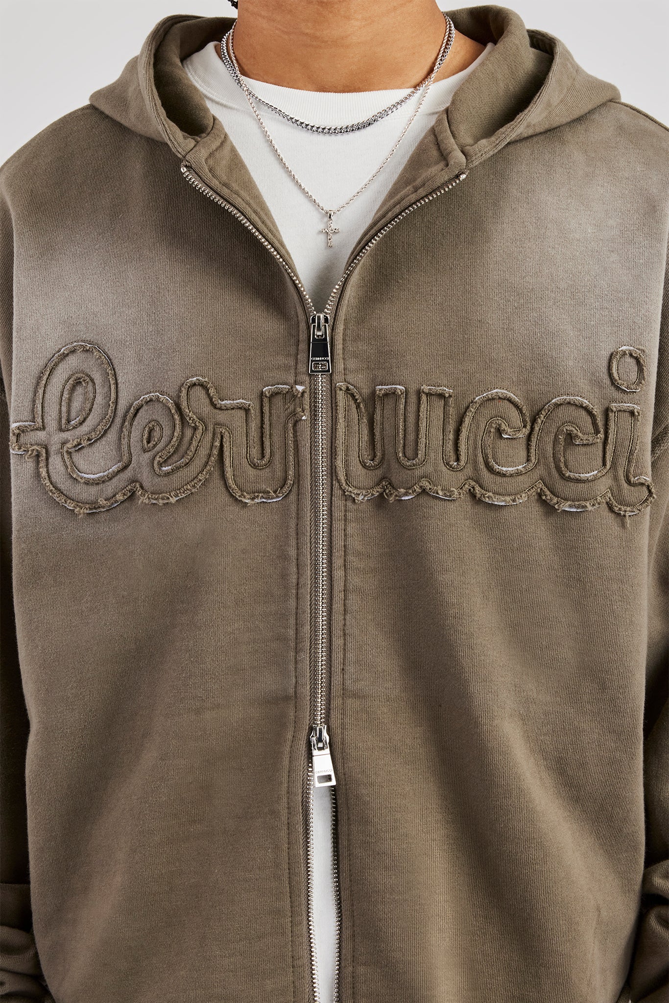 Washed Applique Zip Through Hoodie - Khaki - Image 3