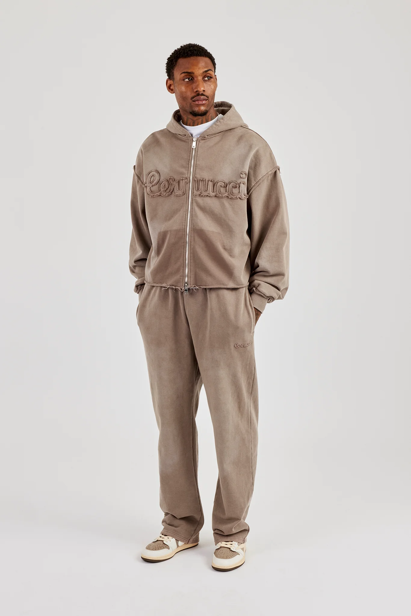 Washed Applique Zip Through Hoodie & Relaxed Jogger - Brown - Image 2