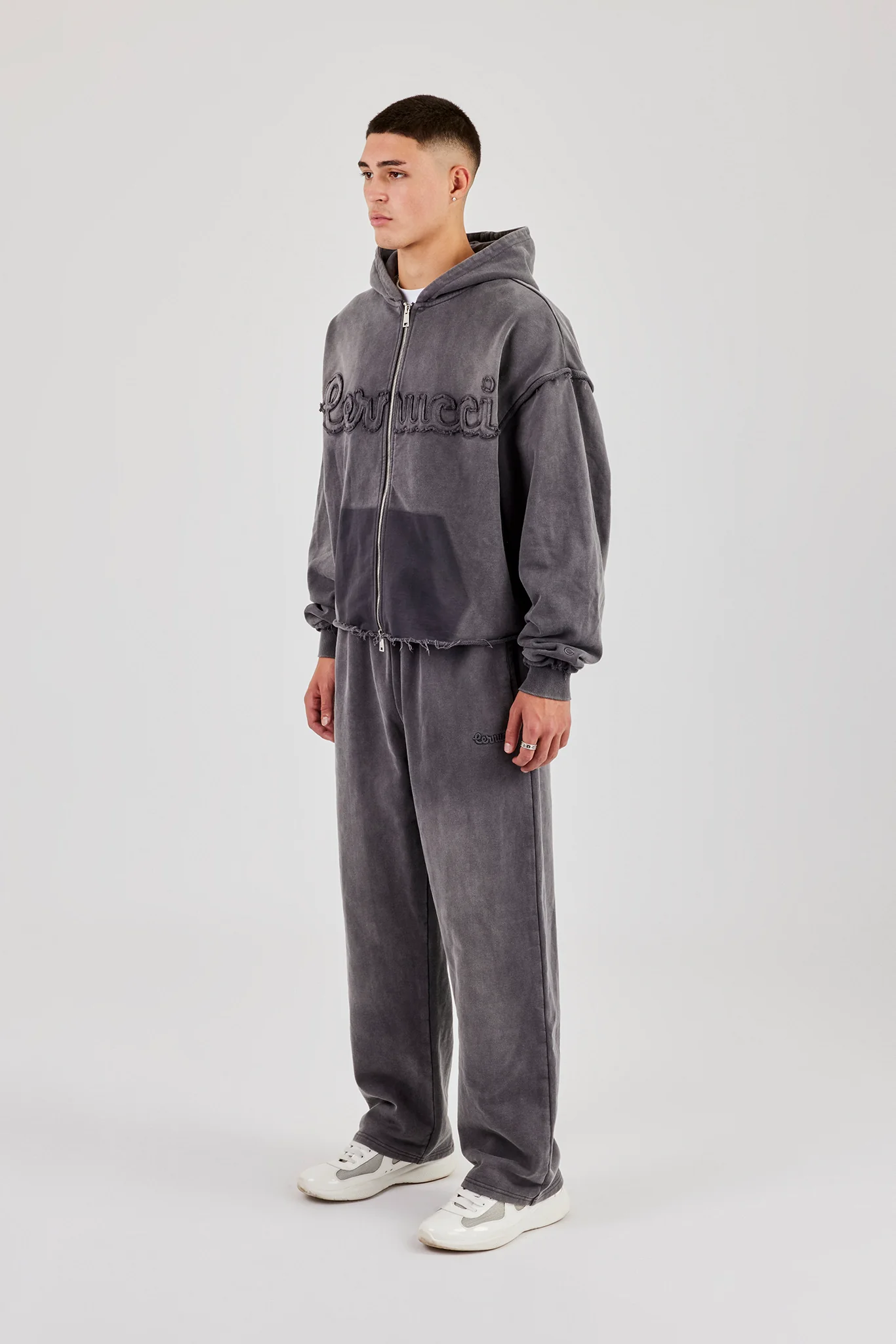Washed Applique Zip Through Hoodie & Relaxed Jogger - Grey - Image 2