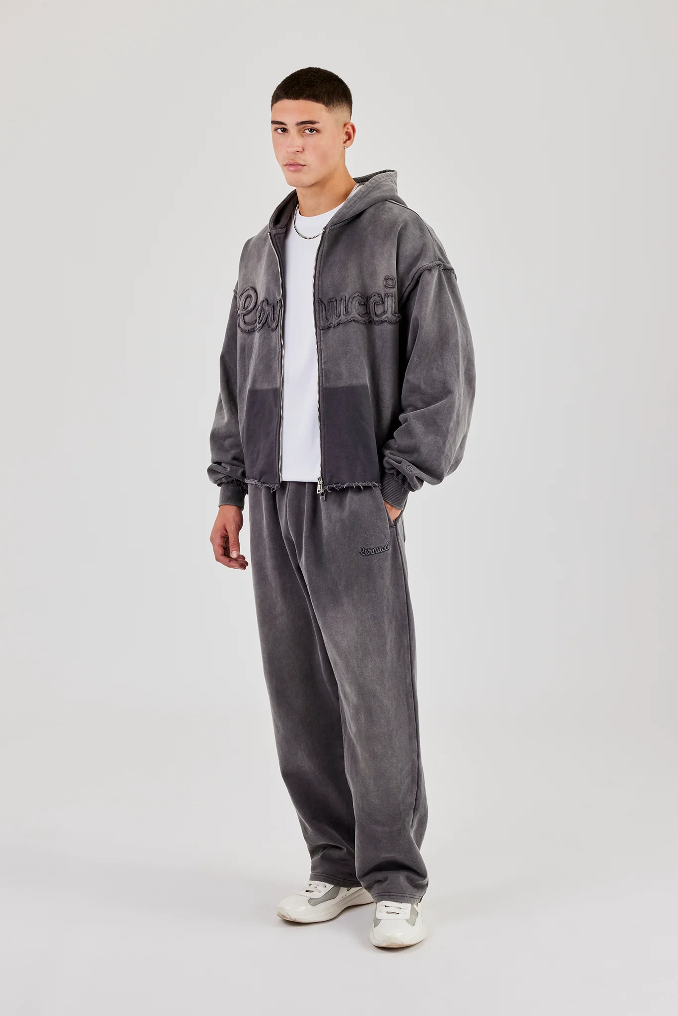Washed Applique Zip Through Hoodie & Relaxed Jogger - Grey - Image 4
