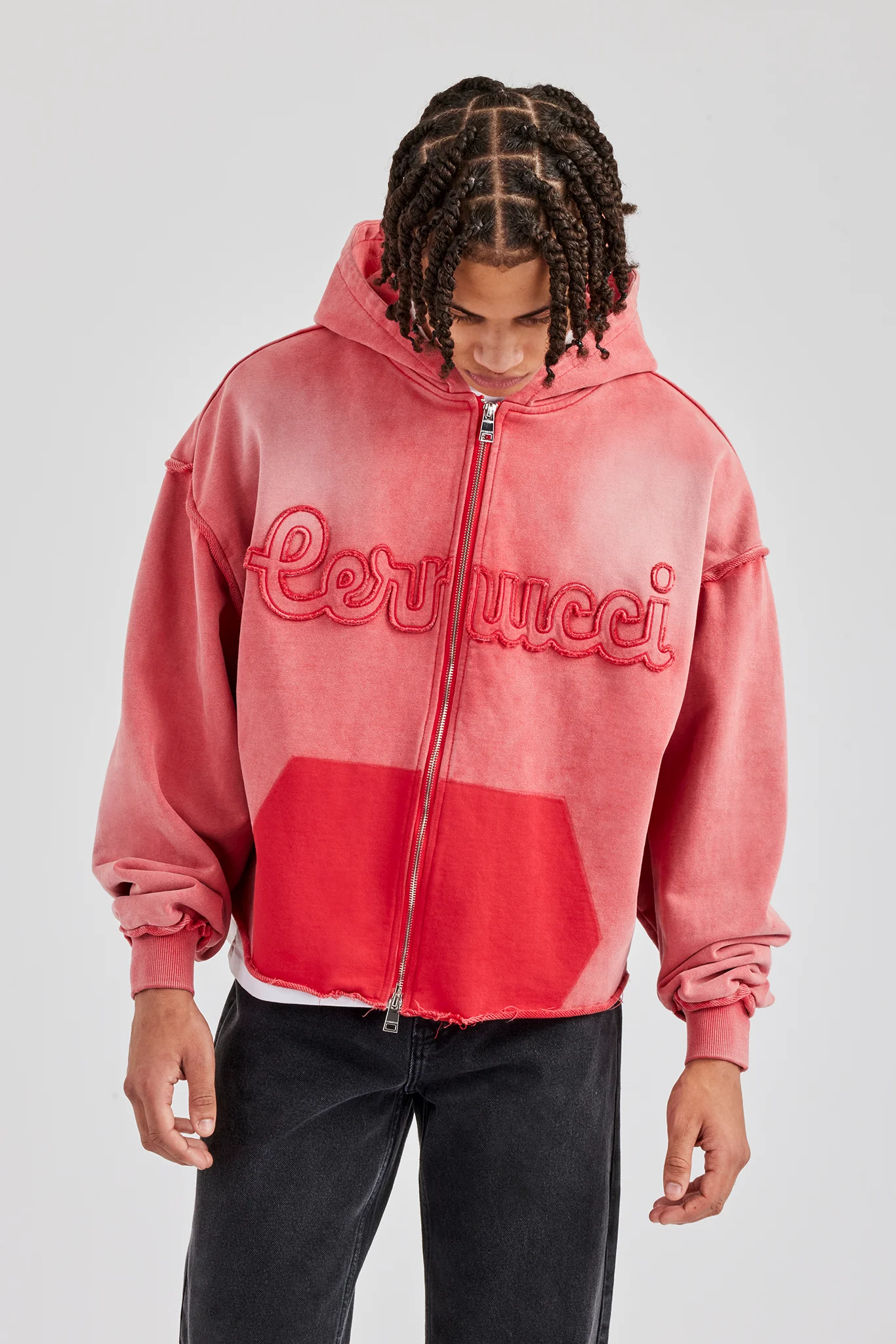 Washed Applique Zip Through Hoodie - Washed Red - Image 4