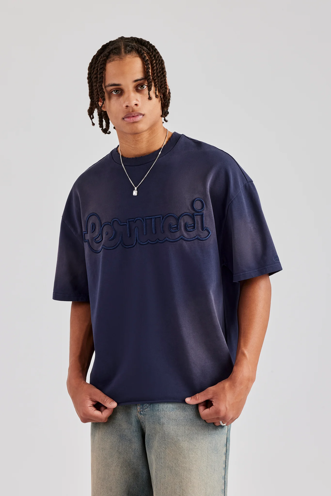 Washed Boxy Distressed T-Shirt - Navy Blue - Image 3