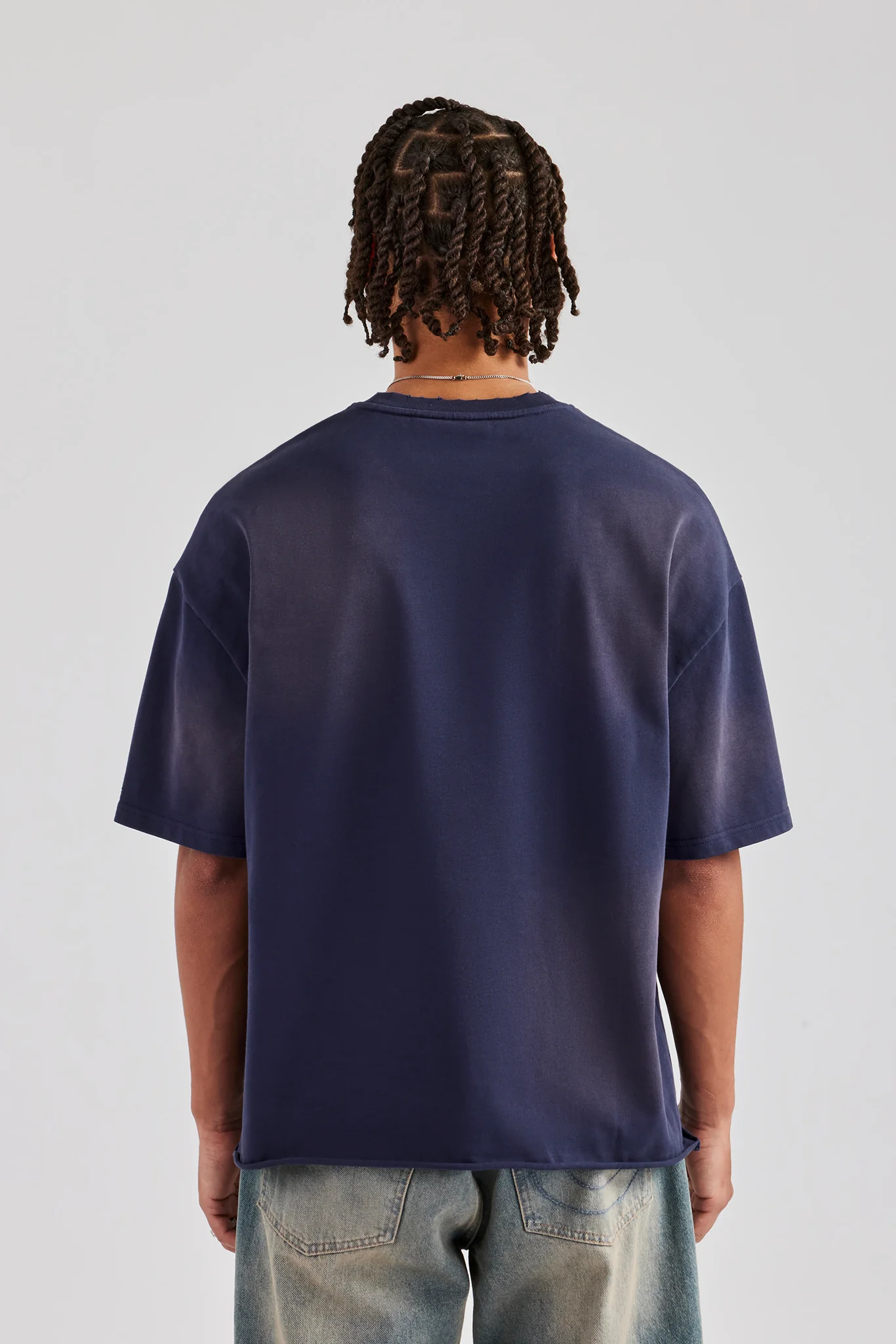 Washed Boxy Distressed T-Shirt - Navy Blue - Image 4