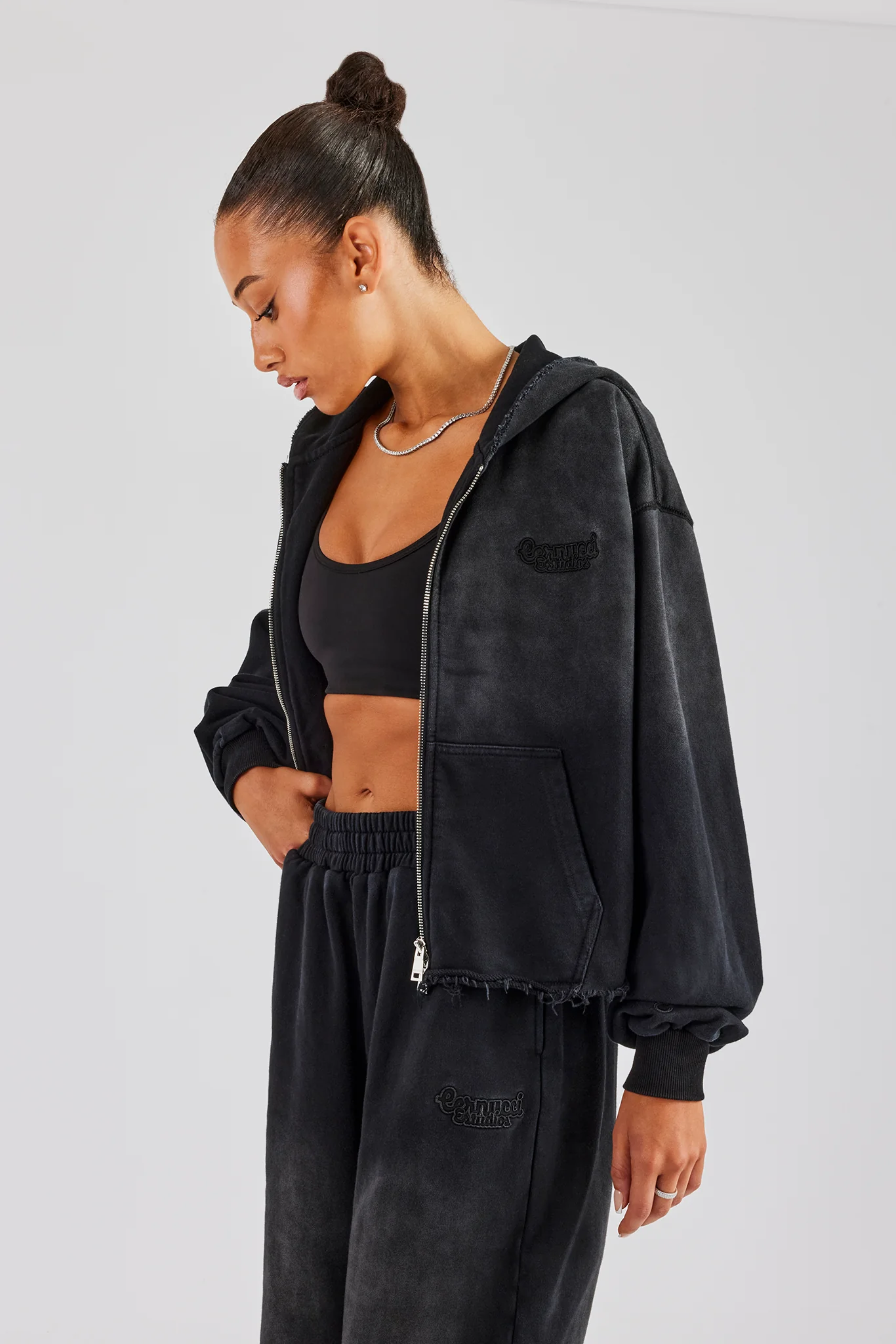 Washed Boxy Fit Zip Through Hoodie - Black - Image 3