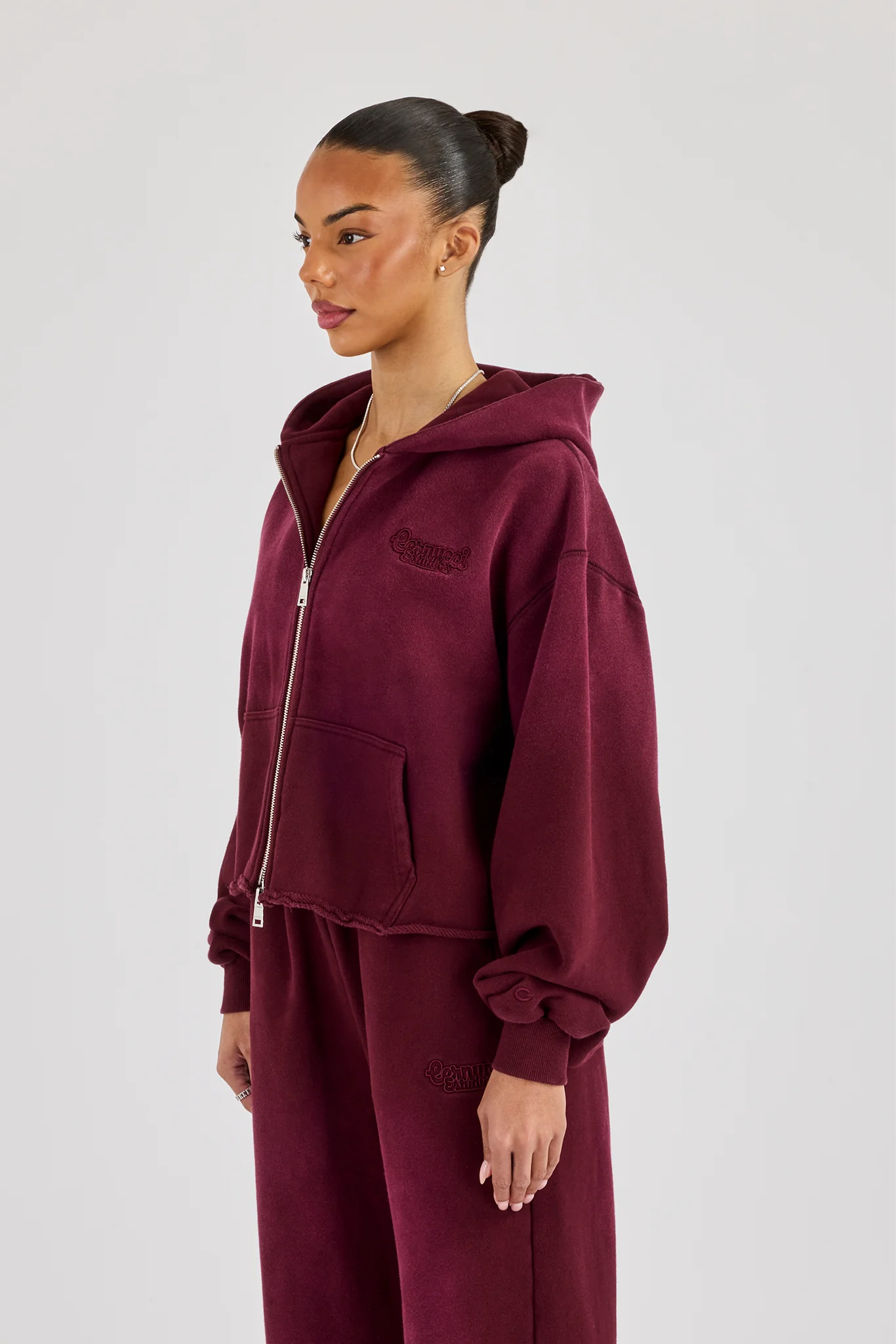 Washed Boxy Fit Zip Through Hoodie - Burgundy - Image 2