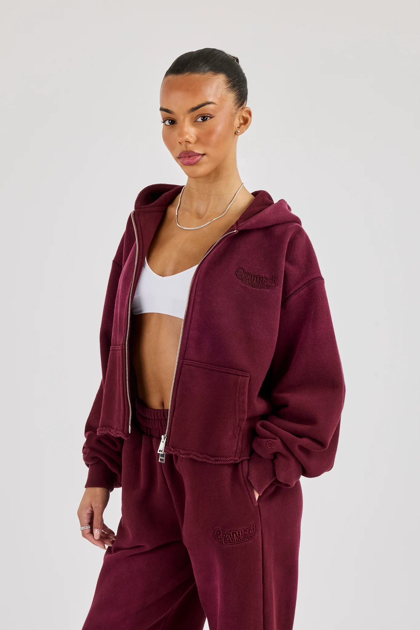 Washed Boxy Fit Zip Through Hoodie - Burgundy - Image 4