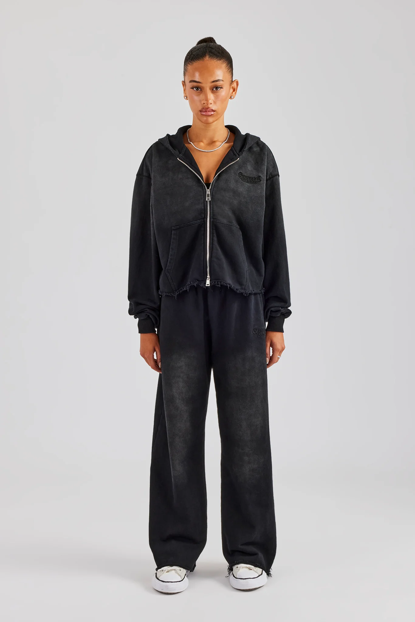 Washed Boxy Fit Zip Through Tracksuit - Black - Image 3