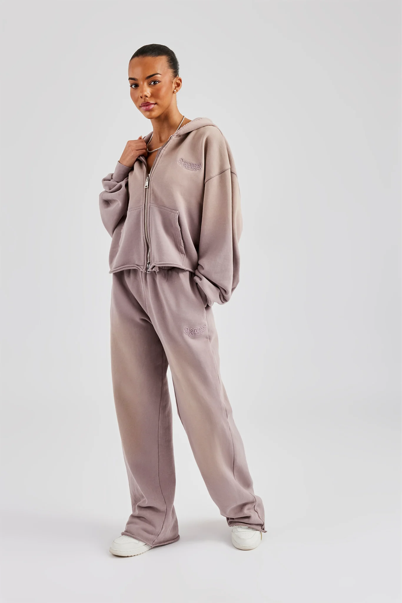 Washed Boxy Fit Zip Through Tracksuit - Mauve - Image 6