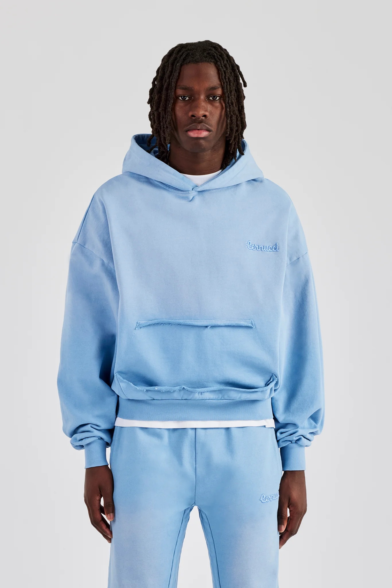 Washed Boxy Raw Edge Pocket Hooded Tracksuit - Blue  - Image 2