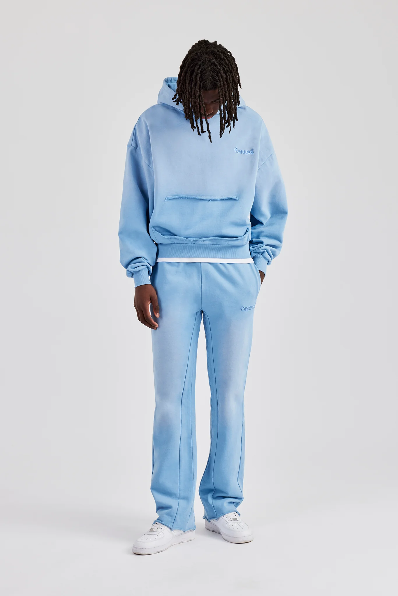 Washed Boxy Raw Edge Pocket Hooded Tracksuit - Blue  - Image 4