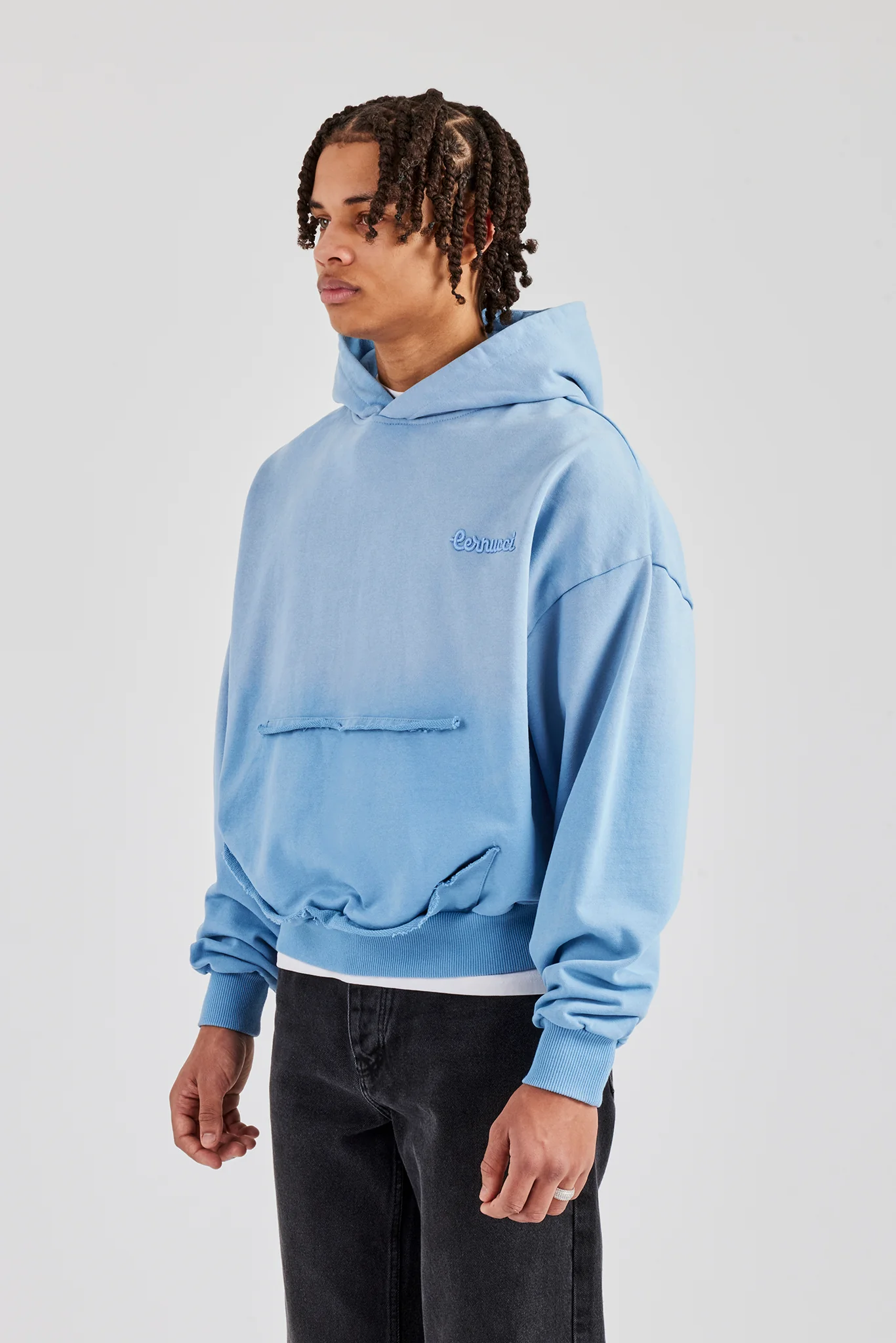 Washed Boxy Raw Edge Pocket Hoodie - Blue - Image 2