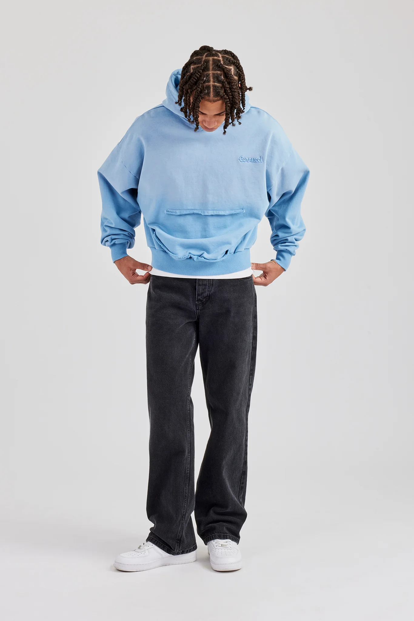 Washed Boxy Raw Edge Pocket Hoodie - Blue - Image 4