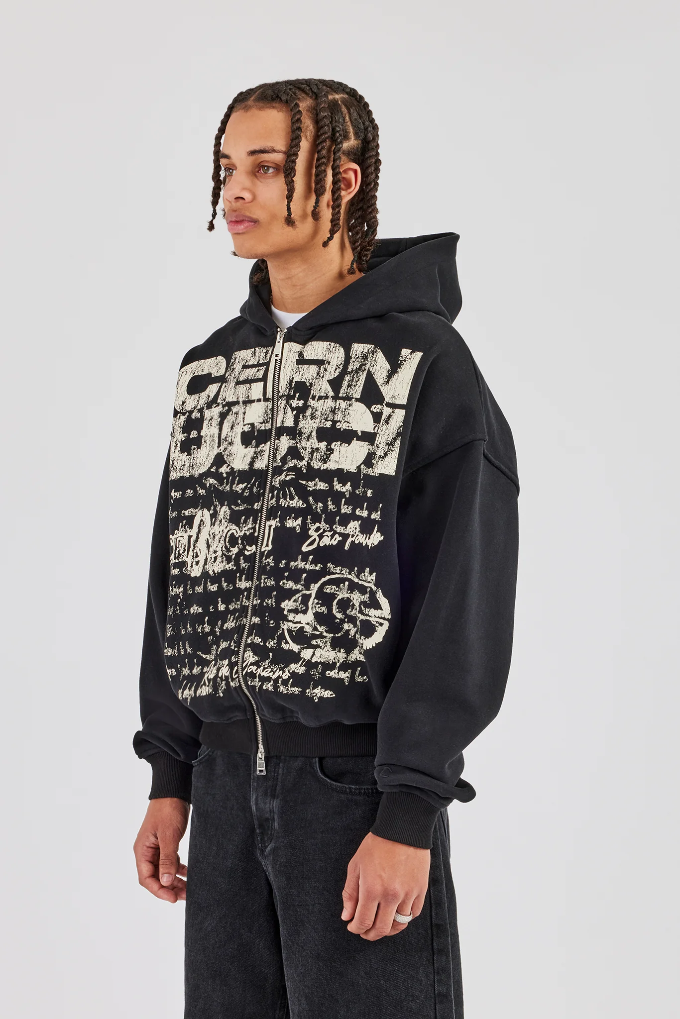 Washed Boxy Zip Through Printed Hoodie - Black - Image 2